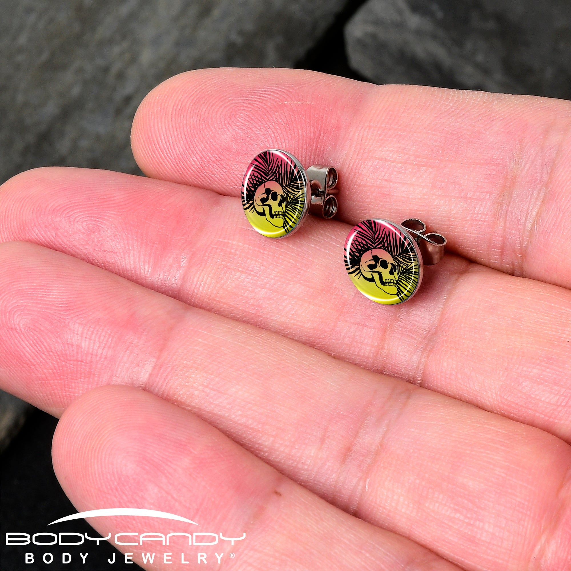 BodyCandy Red Haze Sunset Skull and Palms Stud Earrings by Onyx O — detail close-up