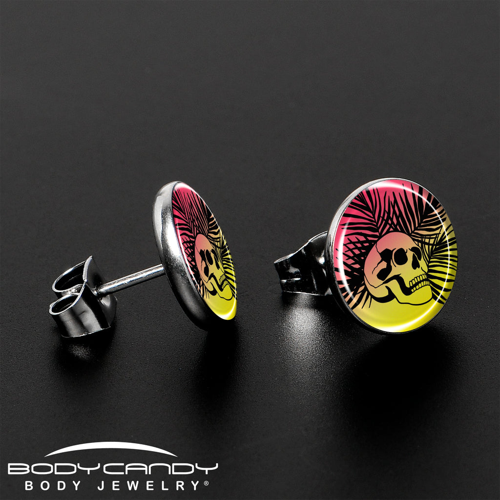 BodyCandy Red Haze Sunset Skull and Palms Stud Earrings by Onyx O — lifestyle context