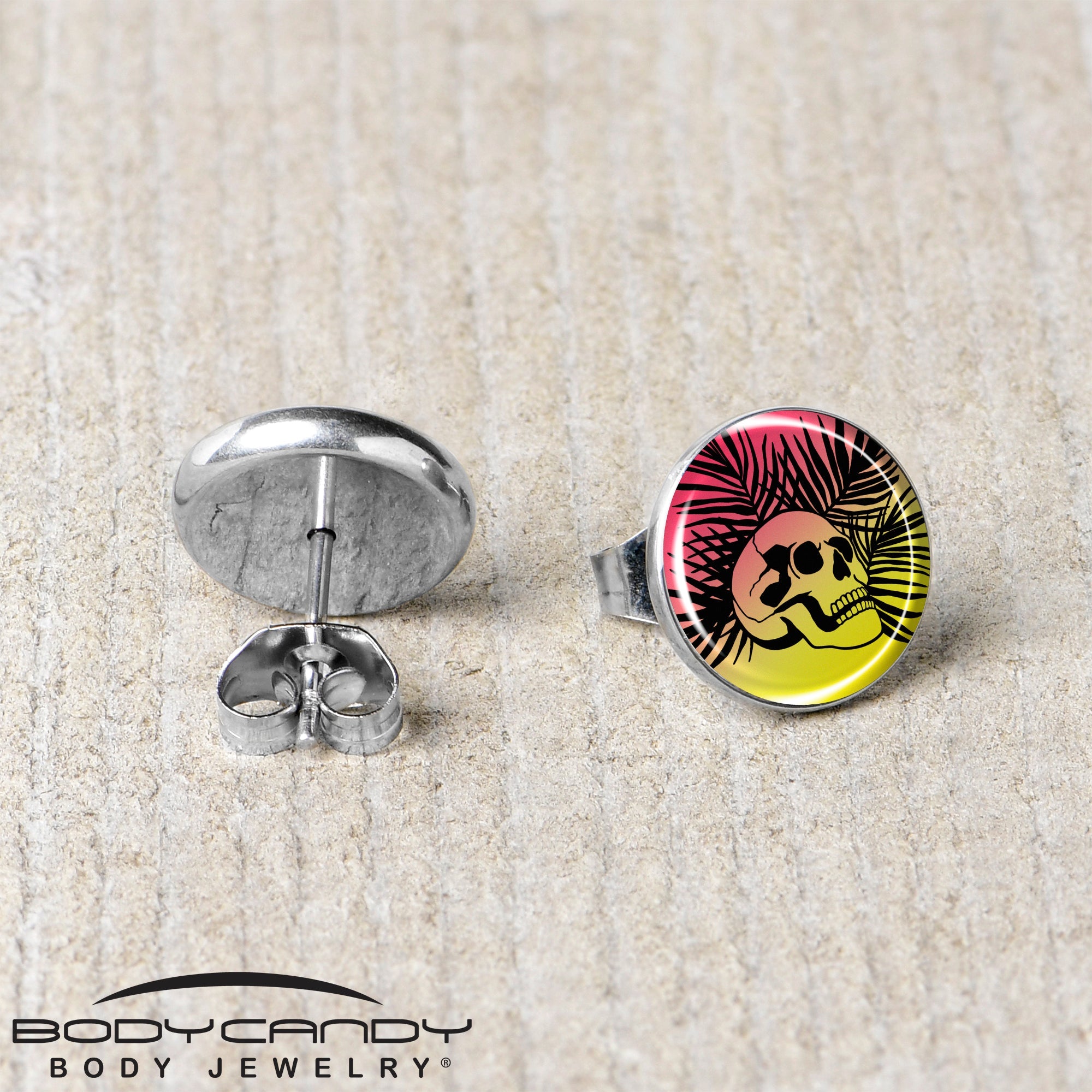 BodyCandy Red Haze Sunset Skull and Palms Stud Earrings by Onyx O — back view
