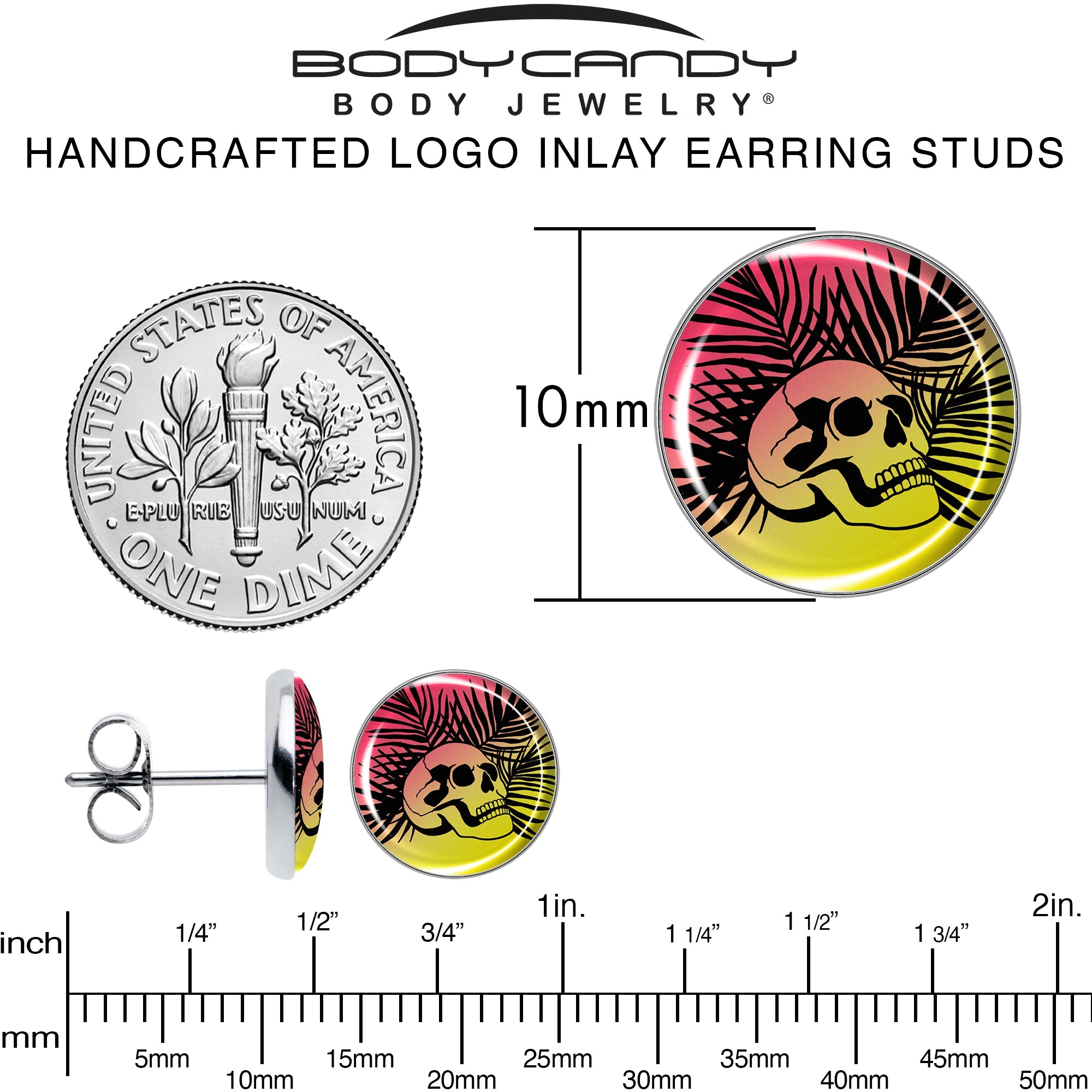BodyCandy Red Haze Sunset Skull and Palms Stud Earrings by Onyx O — alternative angle