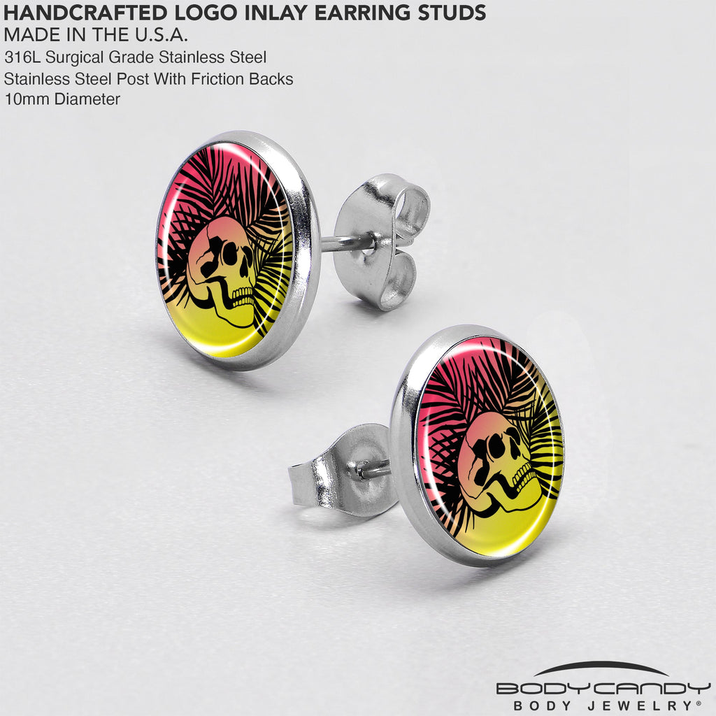 BodyCandy Red Haze Sunset Skull and Palms Stud Earrings by Onyx O — in-use photo