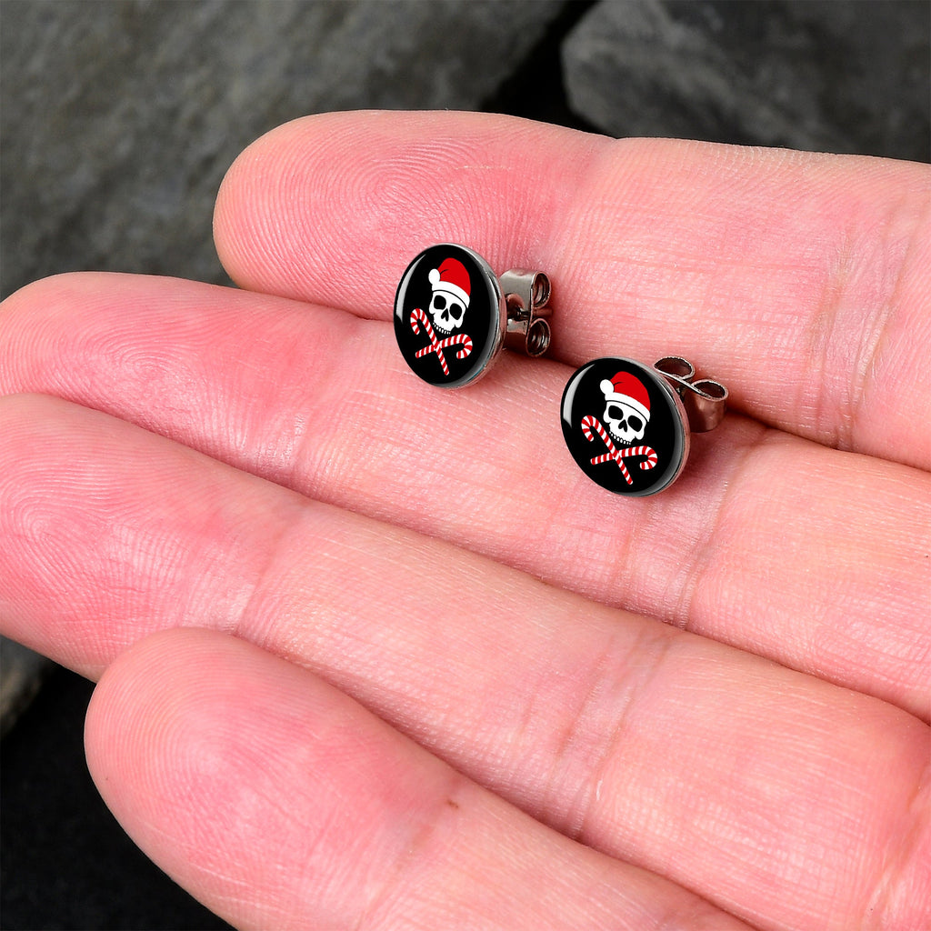 BodyCandy Santa Pirate Candy Cane Skull Stud Earrings by Onyx O — detail close-up