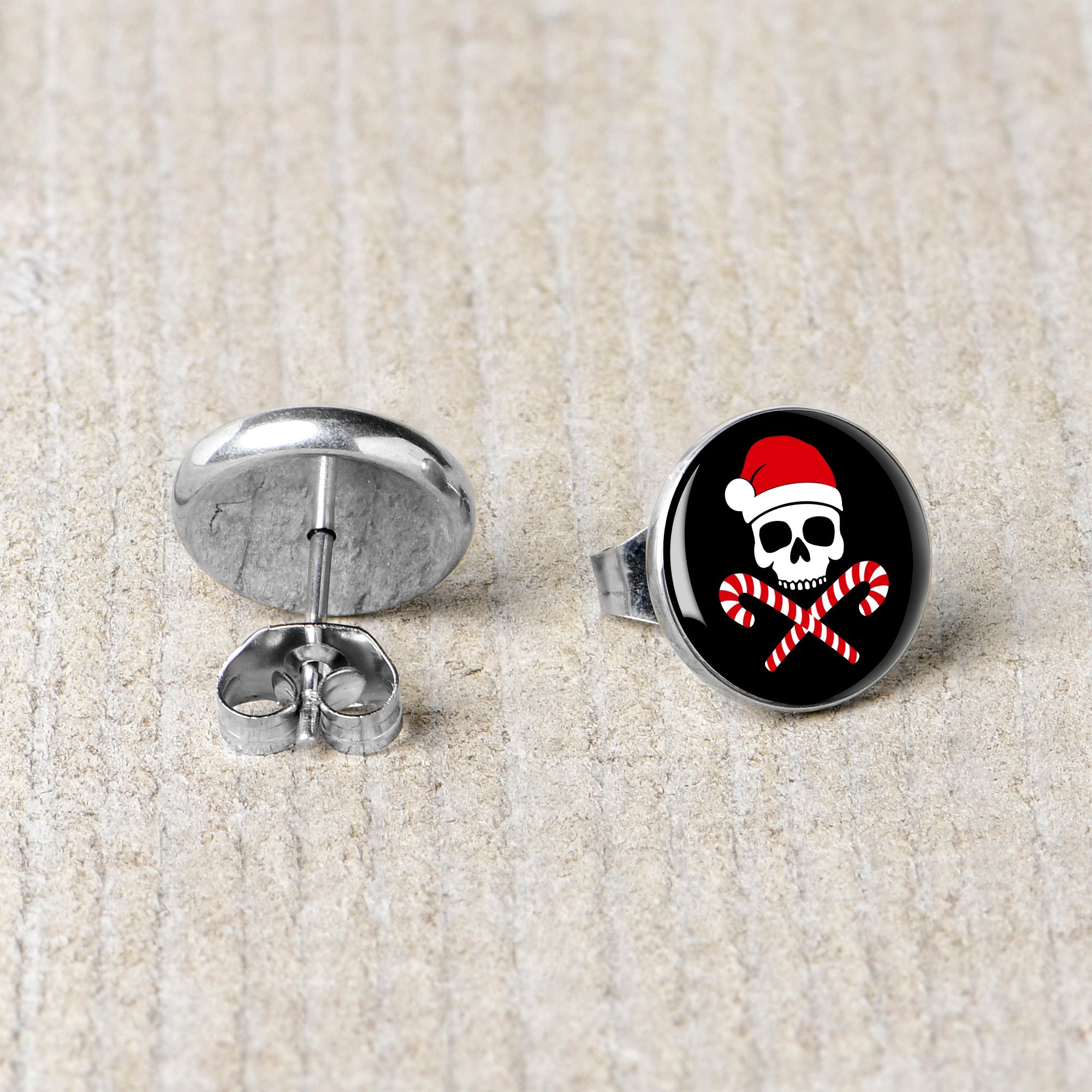 BodyCandy Santa Pirate Candy Cane Skull Stud Earrings by Onyx O — back view