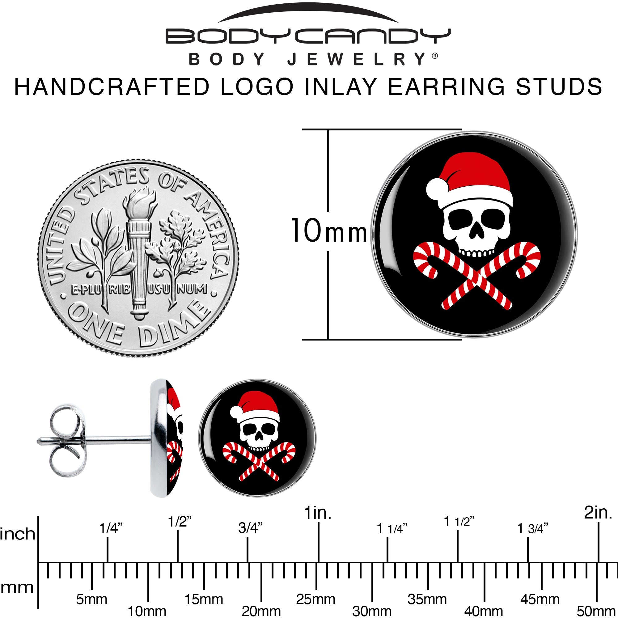 BodyCandy Santa Pirate Candy Cane Skull Stud Earrings by Onyx O — alternative angle