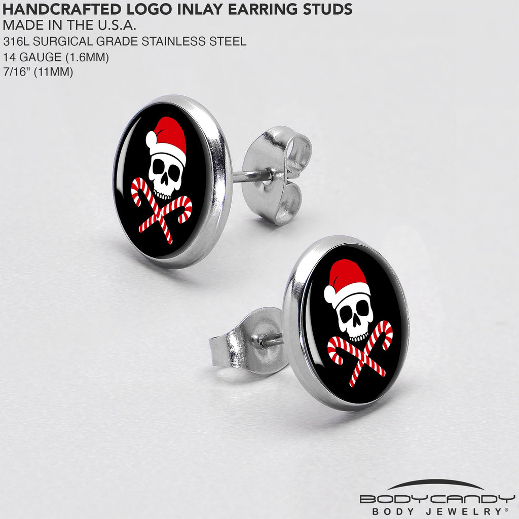 BodyCandy Santa Pirate Candy Cane Skull Stud Earrings by Onyx O — in-use photo