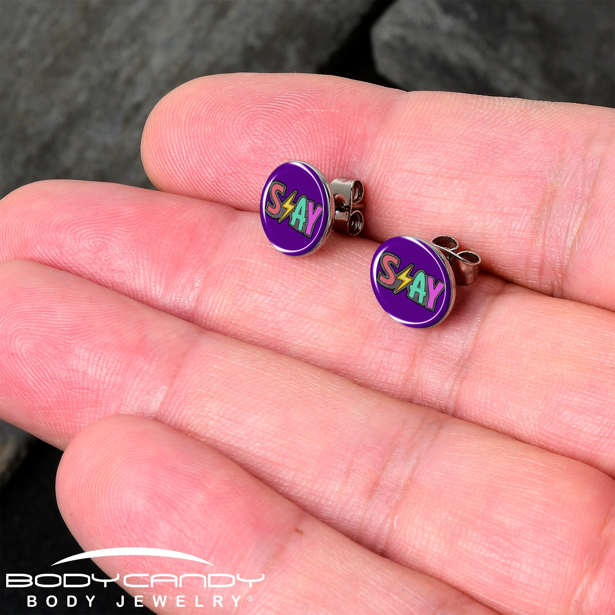 BodyCandy Colorful Lighting SLAY Stud Earrings by Onyx O — detail close-up