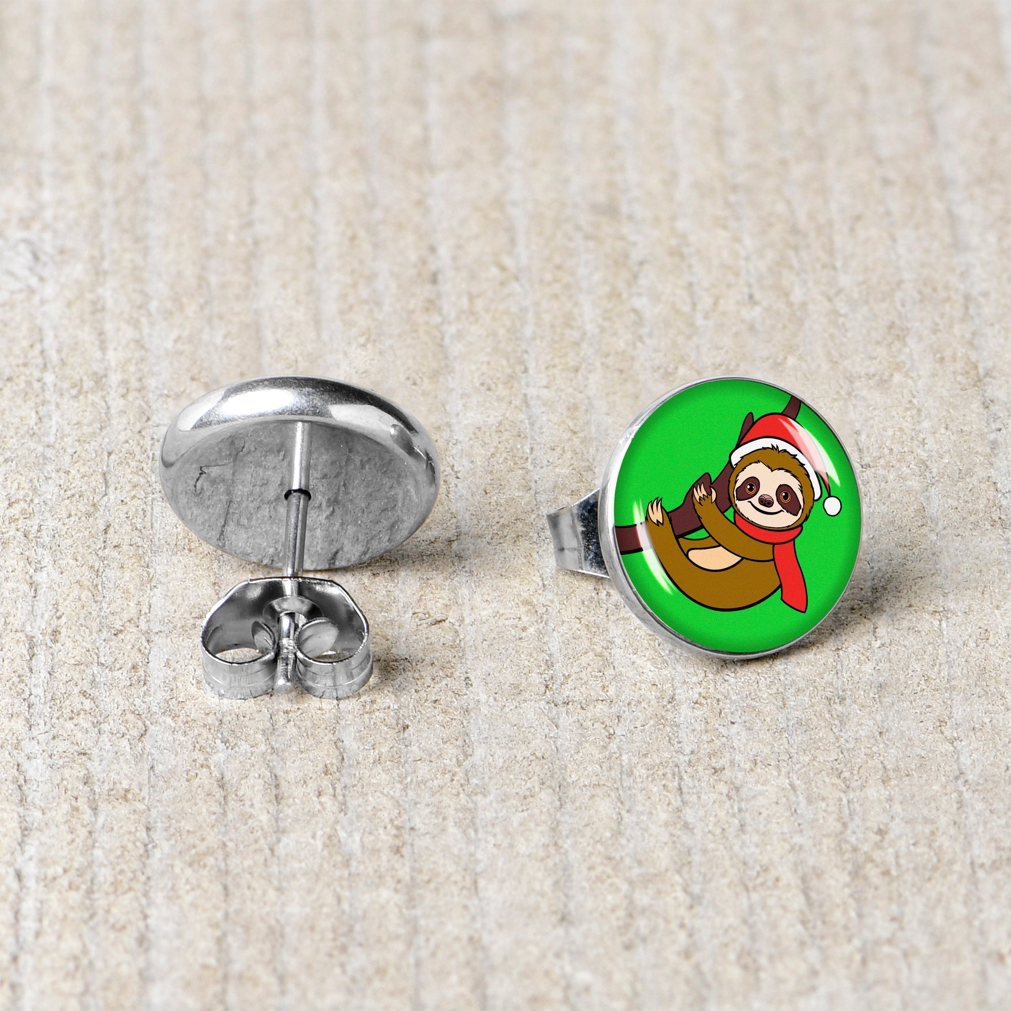 BodyCandy Holiday Santa Sloth Stud Earrings by Onyx O — back view