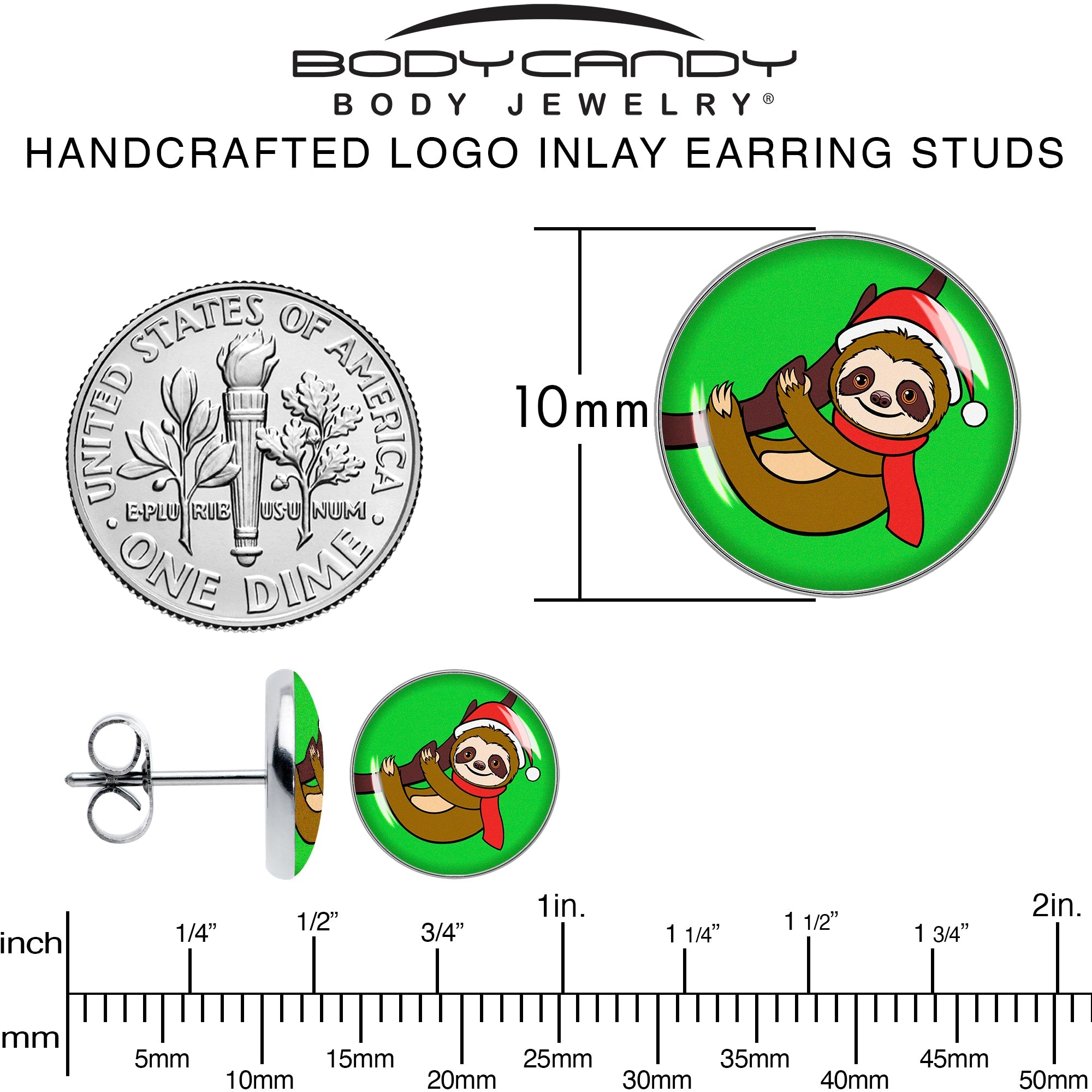 BodyCandy Holiday Santa Sloth Stud Earrings by Onyx O — alternative angle