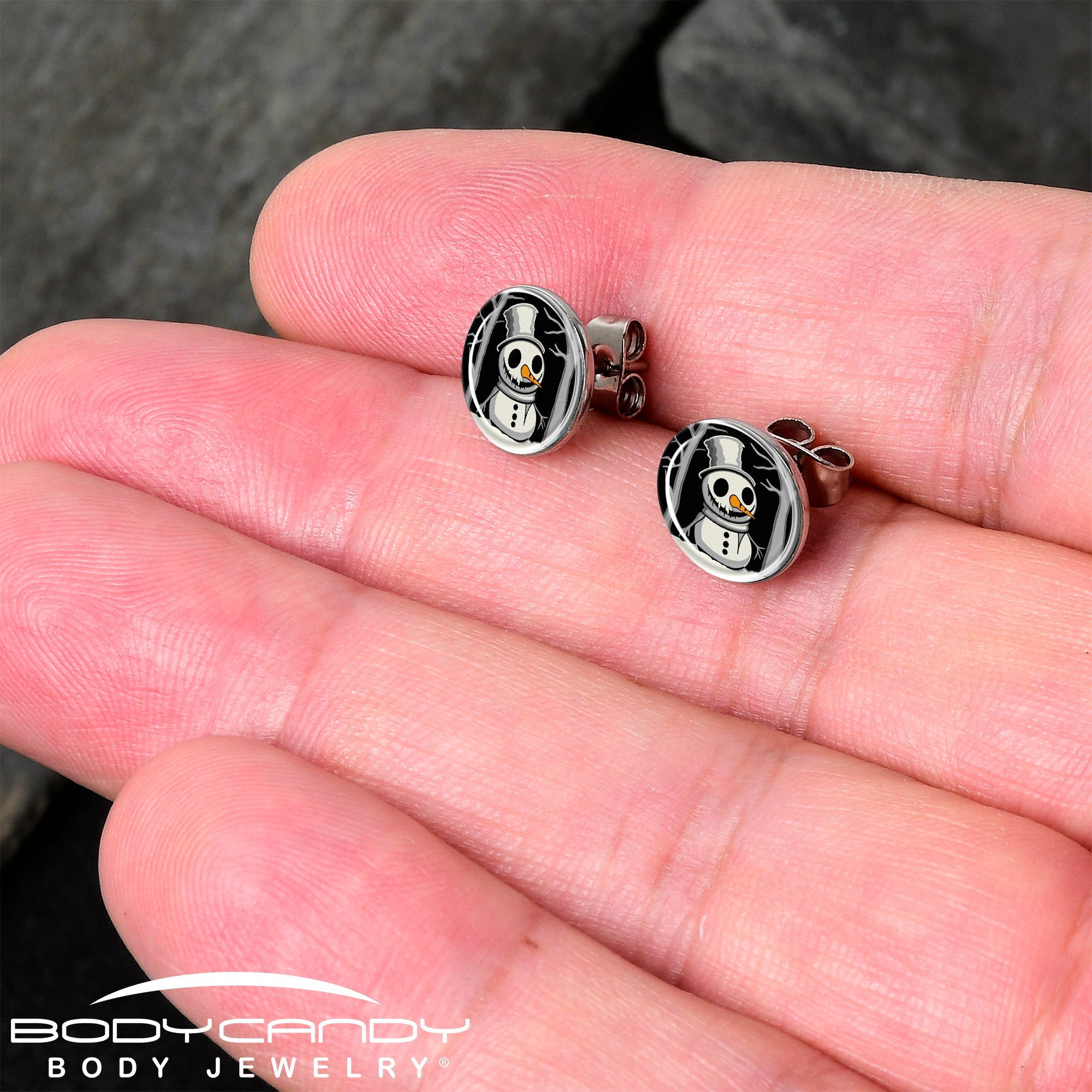 BodyCandy Christmas Holiday Spooky Snowman Stud Earrings by Onyx O — detail close-up
