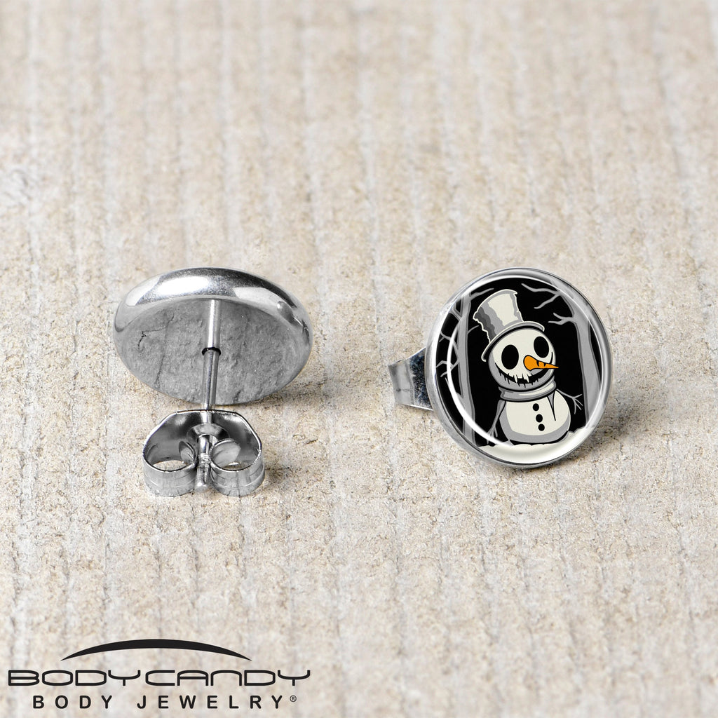 BodyCandy Christmas Holiday Spooky Snowman Stud Earrings by Onyx O — back view
