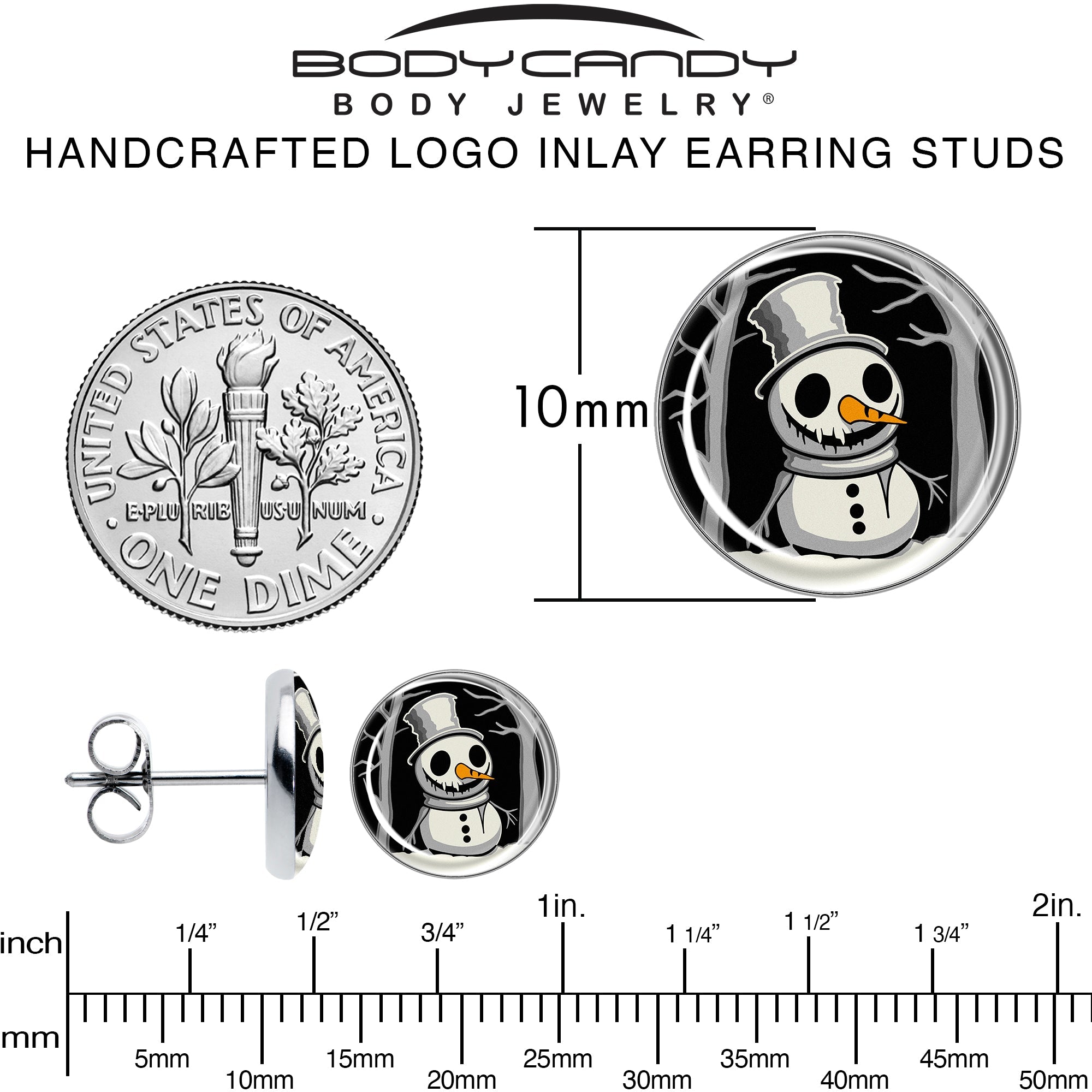 BodyCandy Christmas Holiday Spooky Snowman Stud Earrings by Onyx O — alternative angle