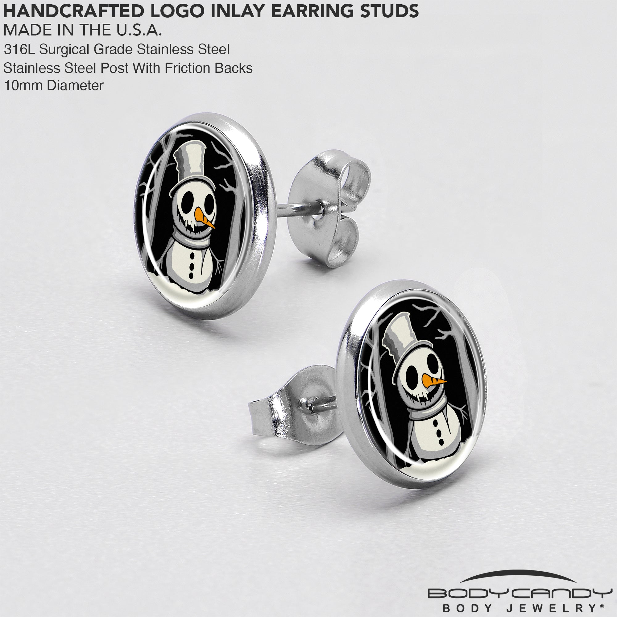 BodyCandy Christmas Holiday Spooky Snowman Stud Earrings by Onyx O — in-use photo