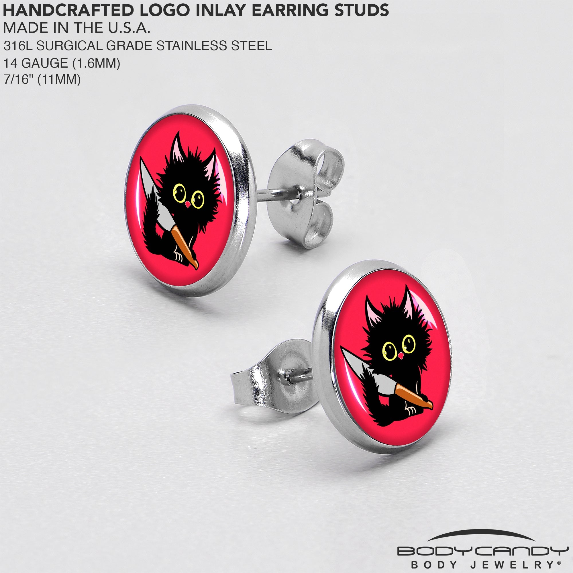 BodyCandy Stabby Cat Stud Earrings by Onyx O — in-use photo
