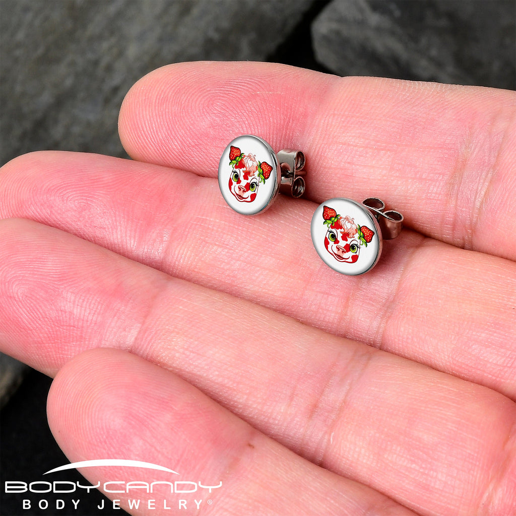 BodyCandy Stawberry Cow Stud Earrings by Onyx O — detail close-up