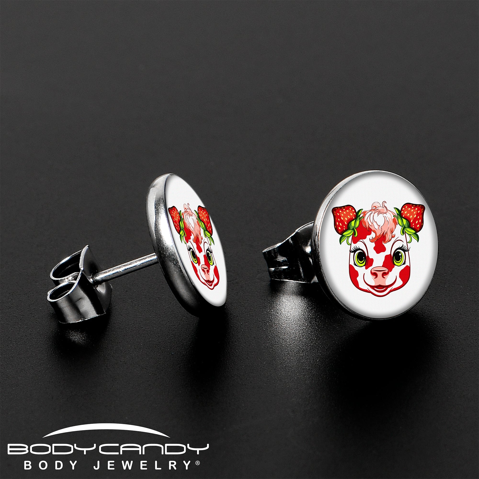 BodyCandy Stawberry Cow Stud Earrings by Onyx O — lifestyle context