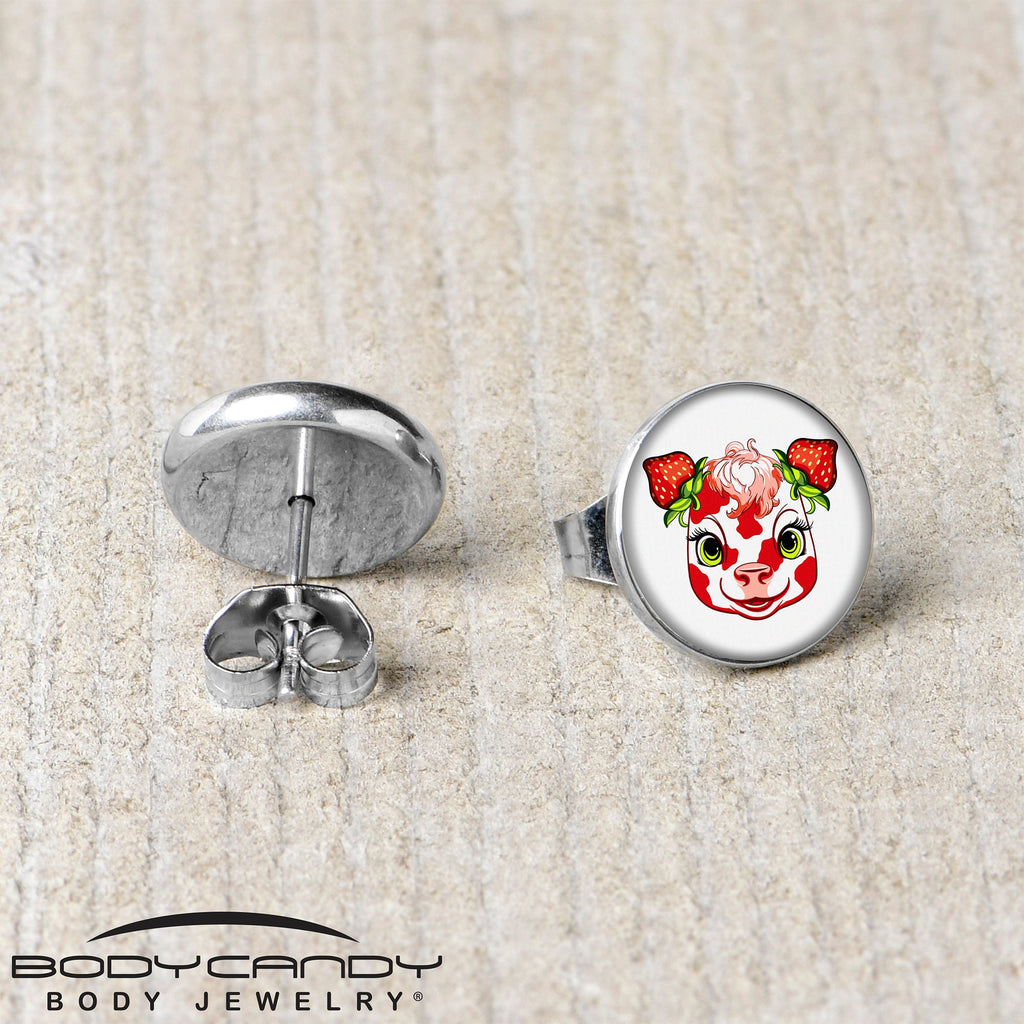 BodyCandy Stawberry Cow Stud Earrings by Onyx O — back view