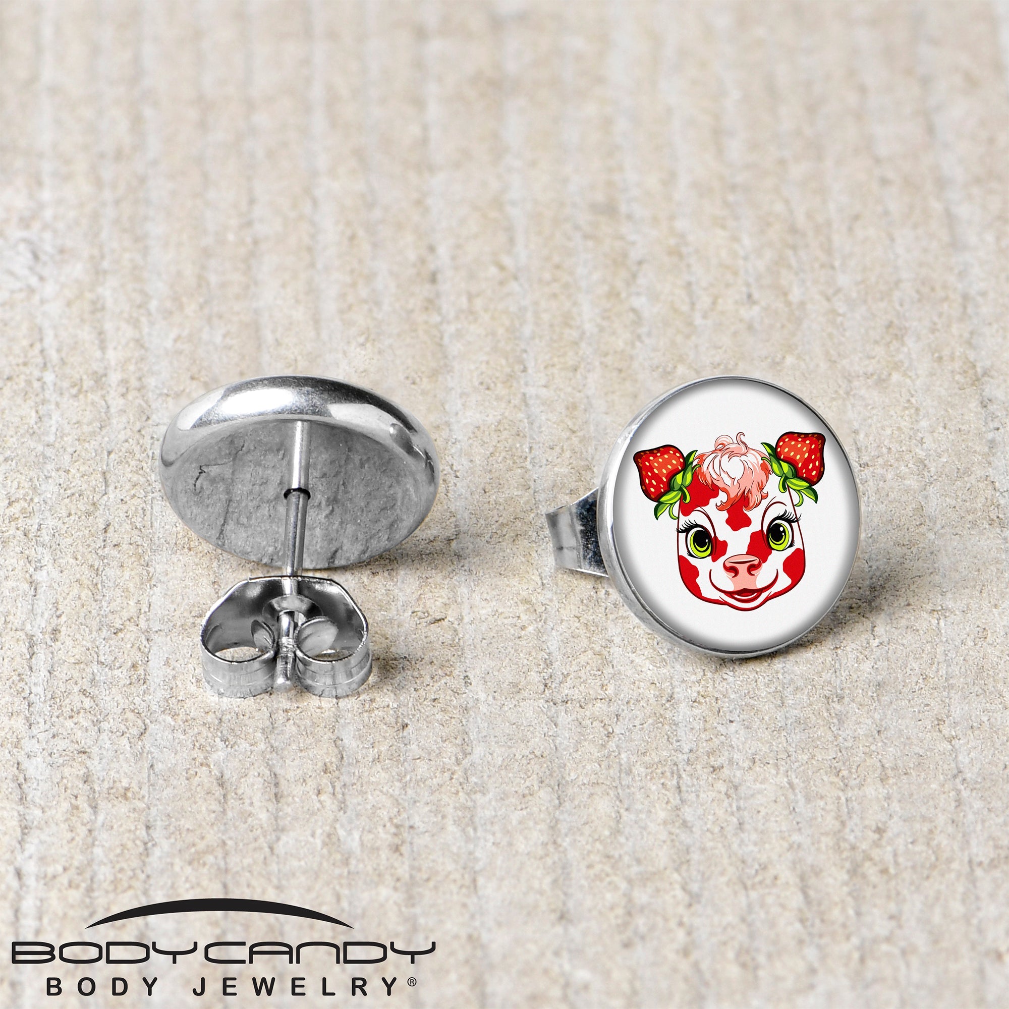 BodyCandy Stawberry Cow Stud Earrings by Onyx O — back view