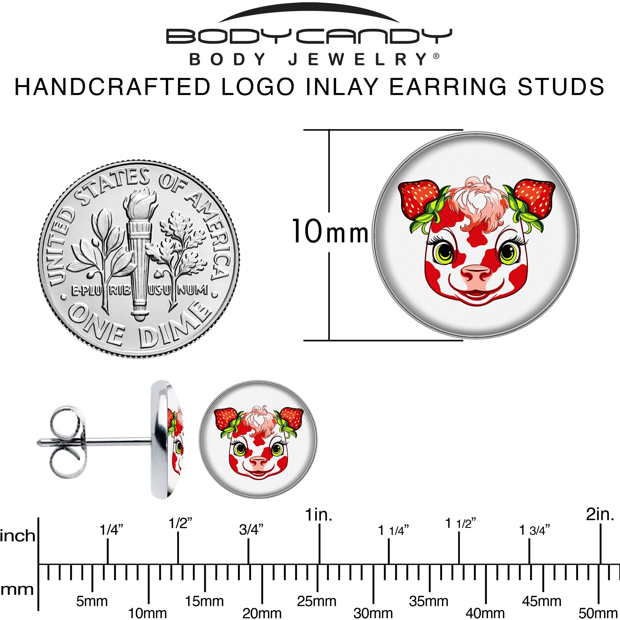 BodyCandy Stawberry Cow Stud Earrings by Onyx O — alternative angle