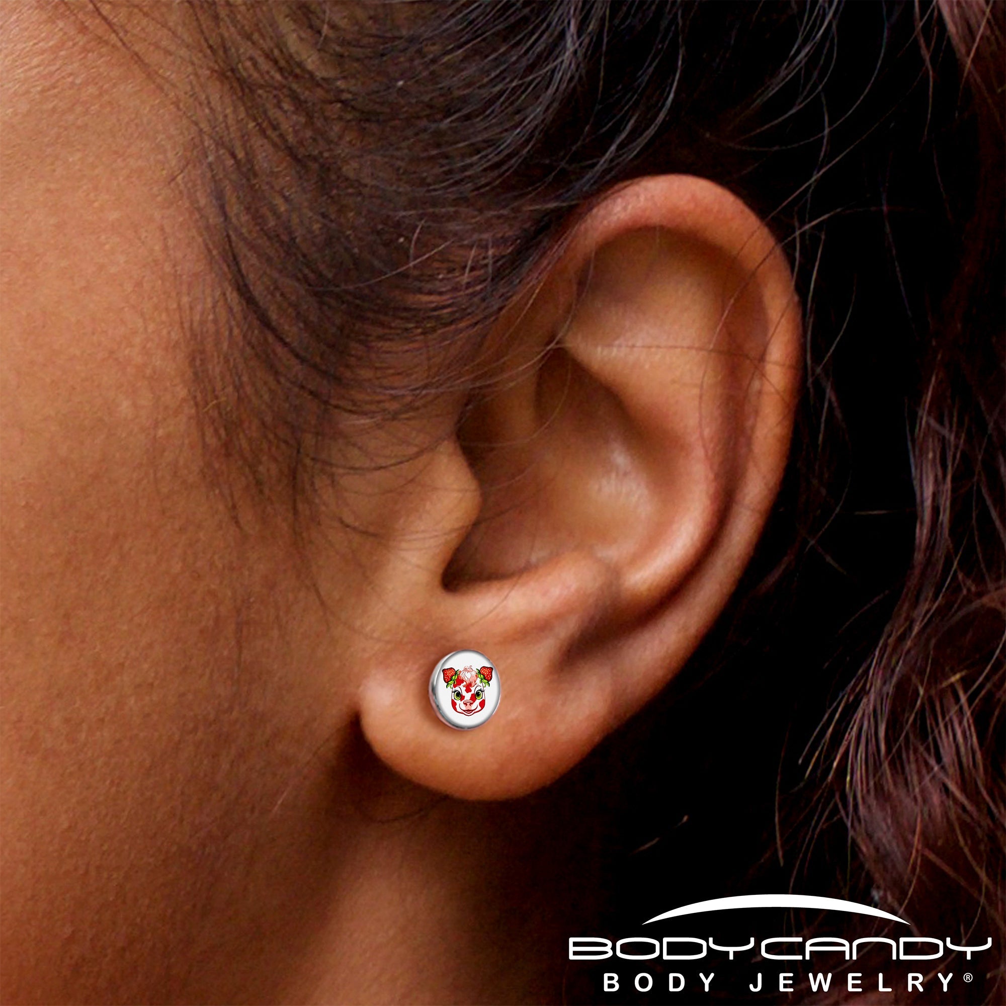 BodyCandy Stawberry Cow Stud Earrings by Onyx O — in-use photo