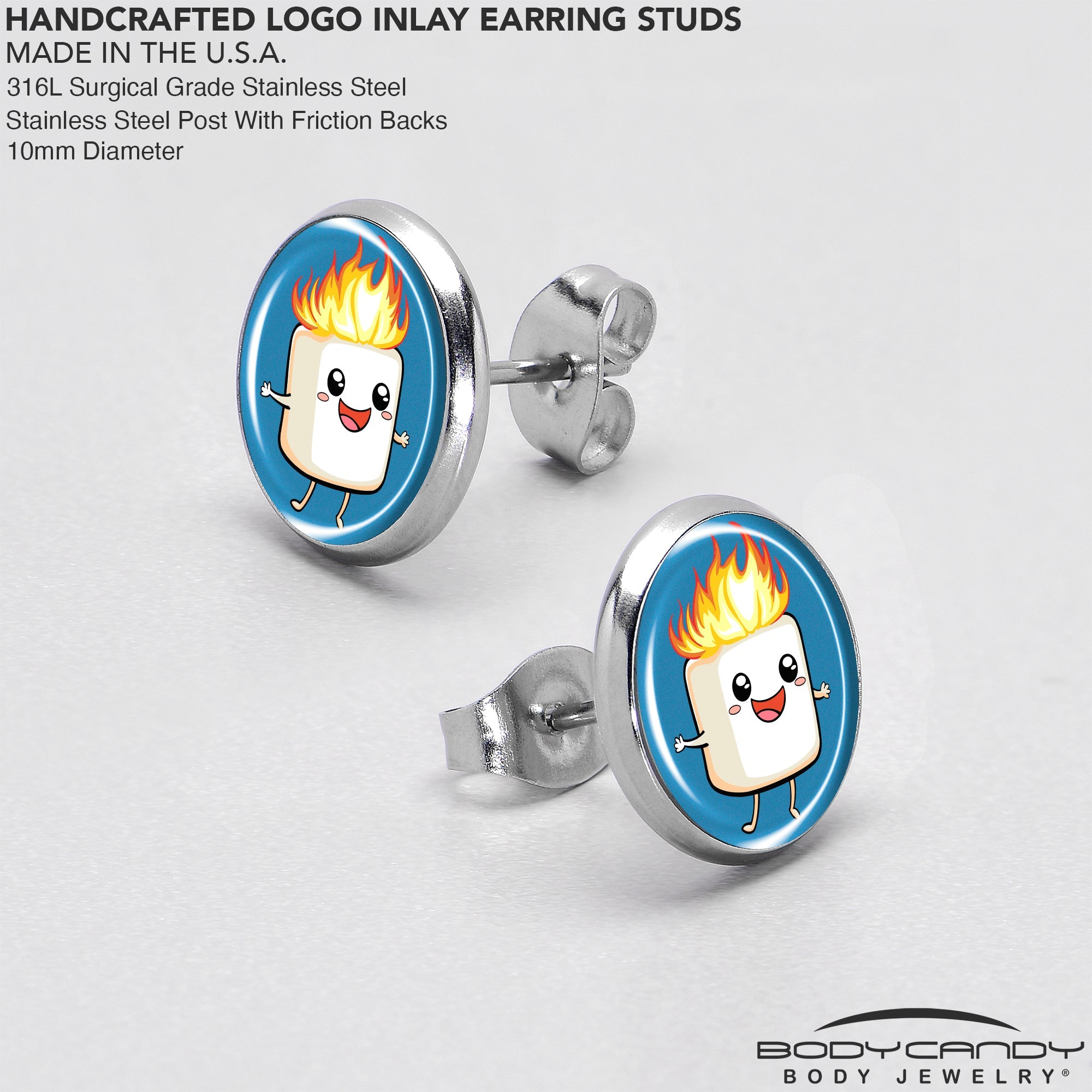 BodyCandy Burning Marshmallow Stud Earrings by Onyx O — in-use photo