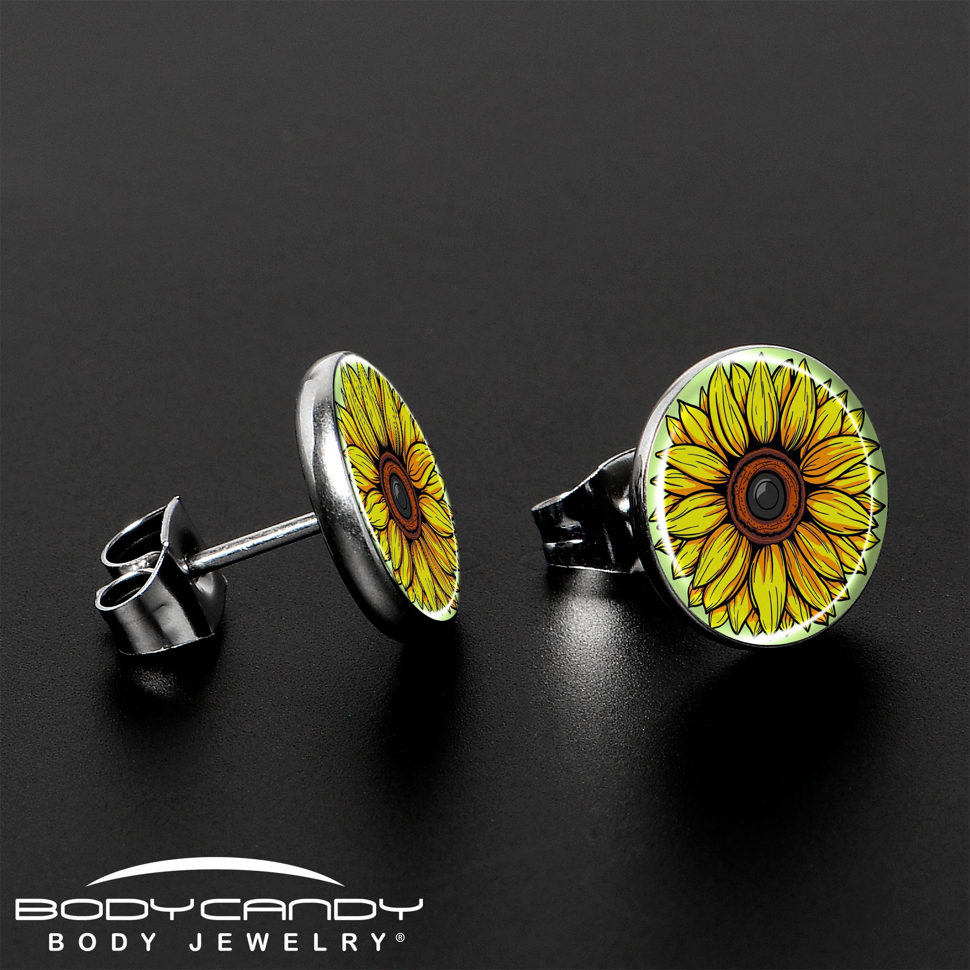 BodyCandy Blossom Creation Yellow Sunflower Stud Earrings by Onyx O — lifestyle context