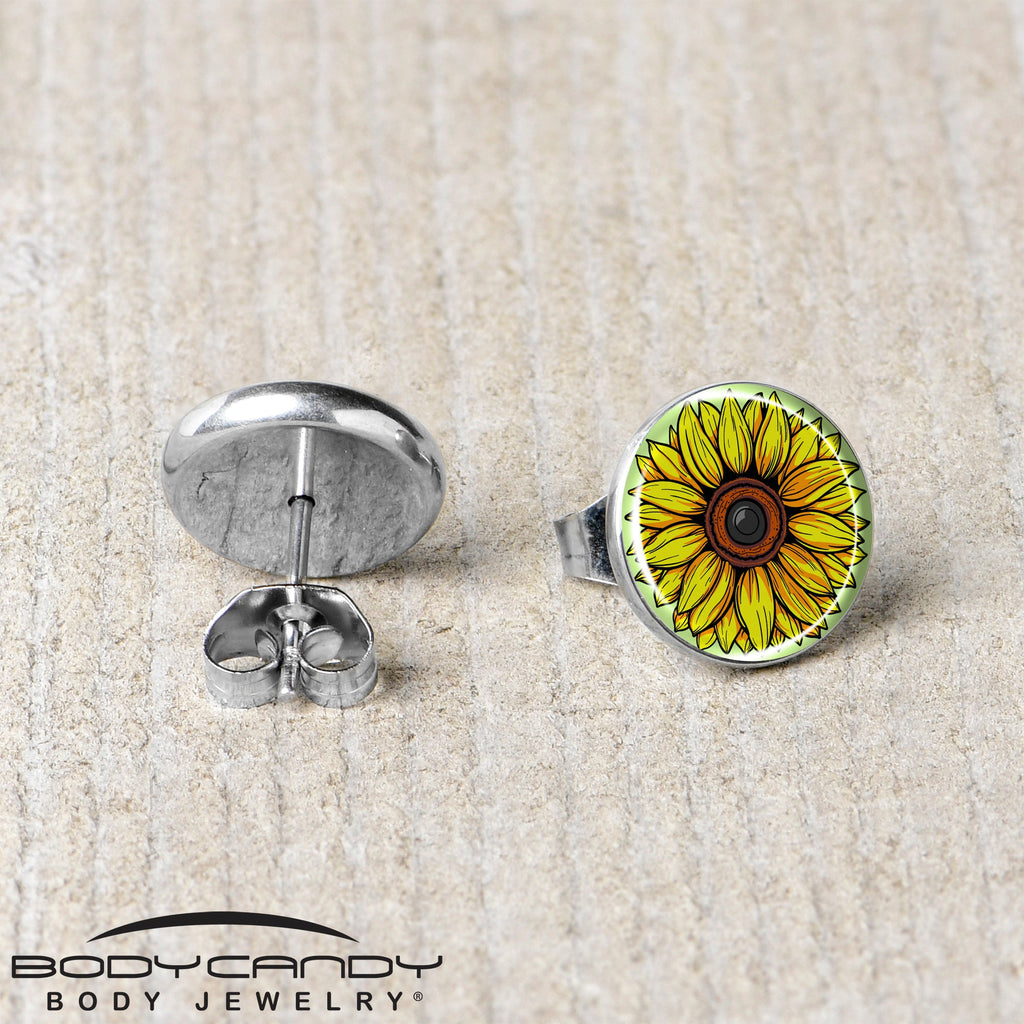 BodyCandy Blossom Creation Yellow Sunflower Stud Earrings by Onyx O — back view