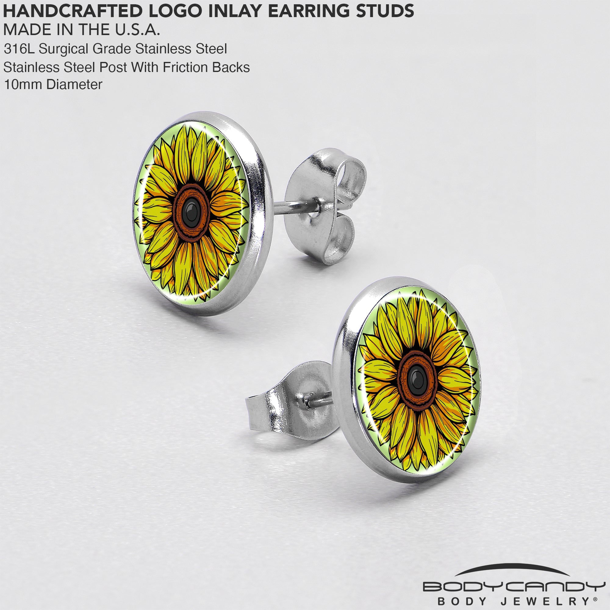 BodyCandy Blossom Creation Yellow Sunflower Stud Earrings by Onyx O — in-use photo