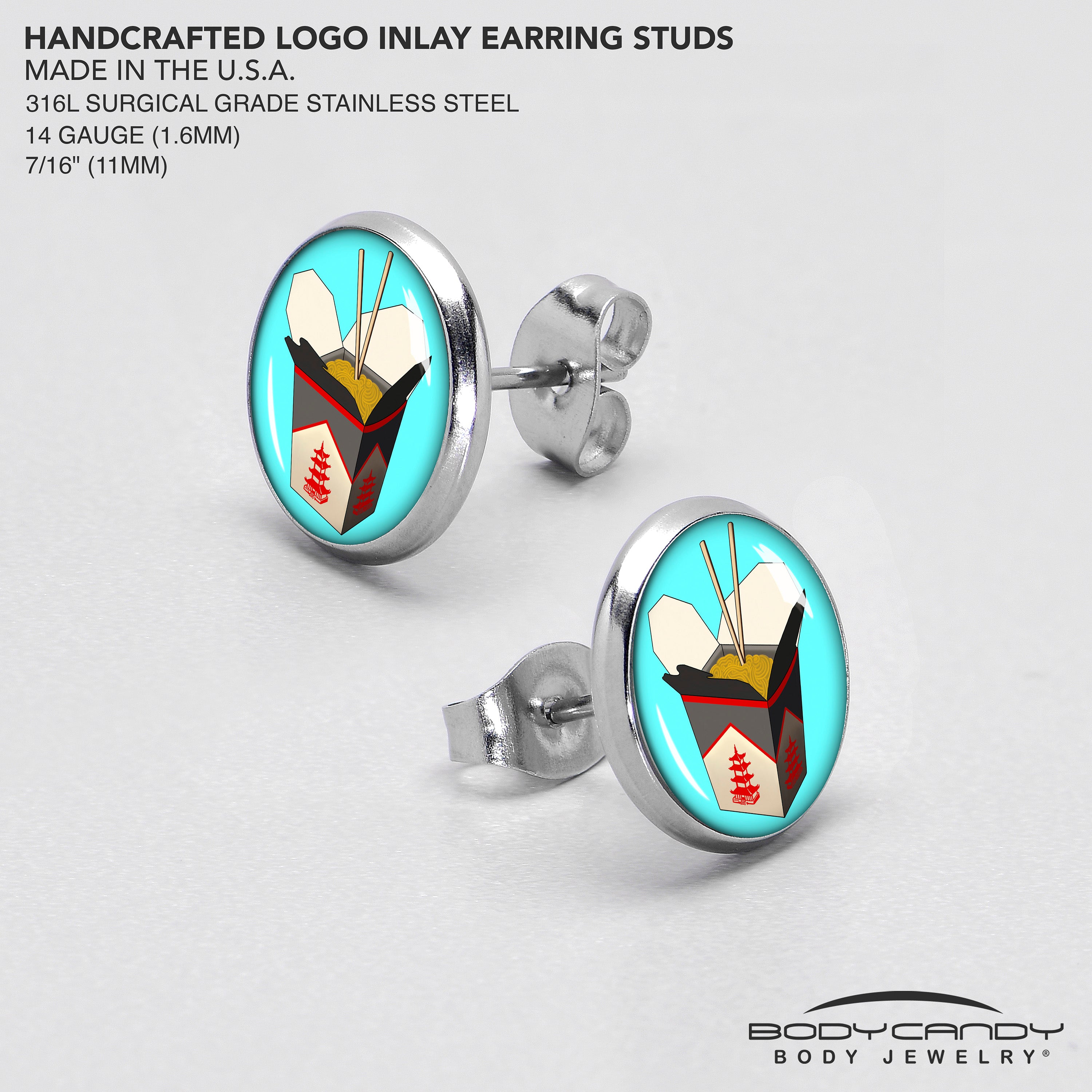BodyCandy Chinese Take Out Stud Earrings by Onyx O — in-use photo