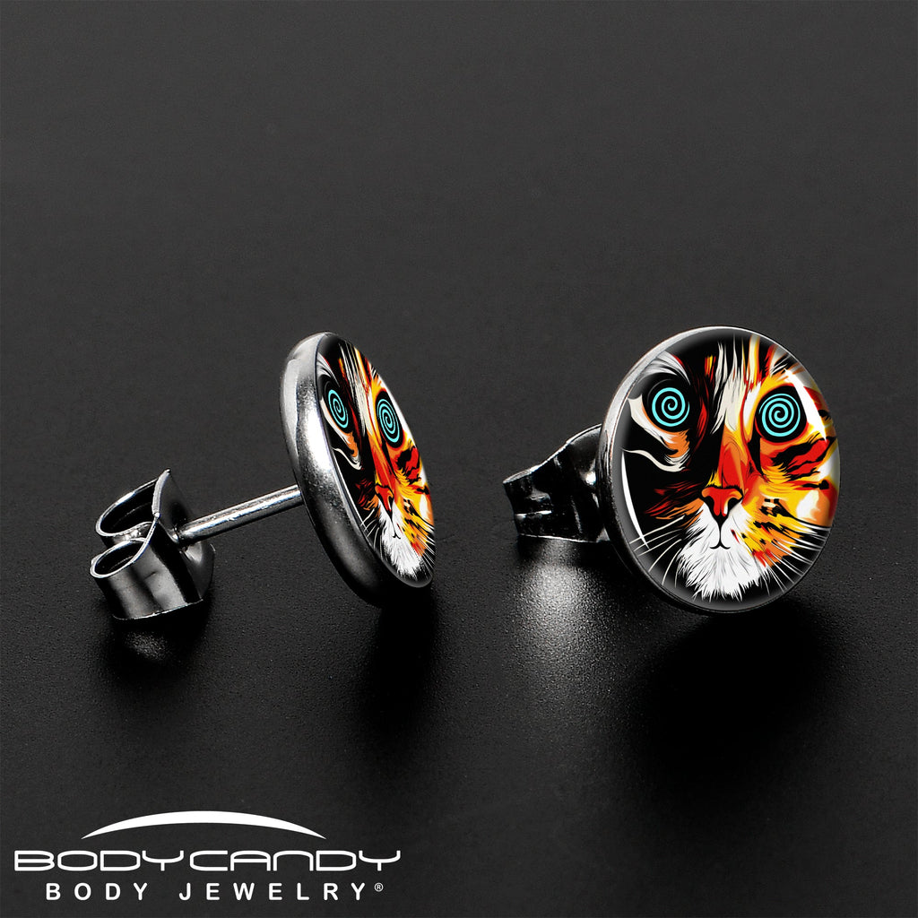 BodyCandy Colorful Trippy Cat Stud Earrings by Onyx O — lifestyle context