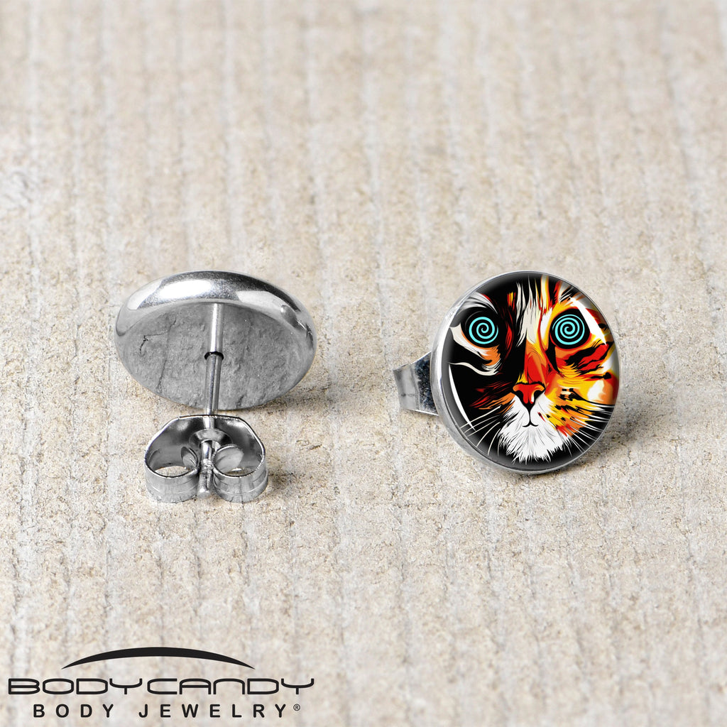 BodyCandy Colorful Trippy Cat Stud Earrings by Onyx O — back view