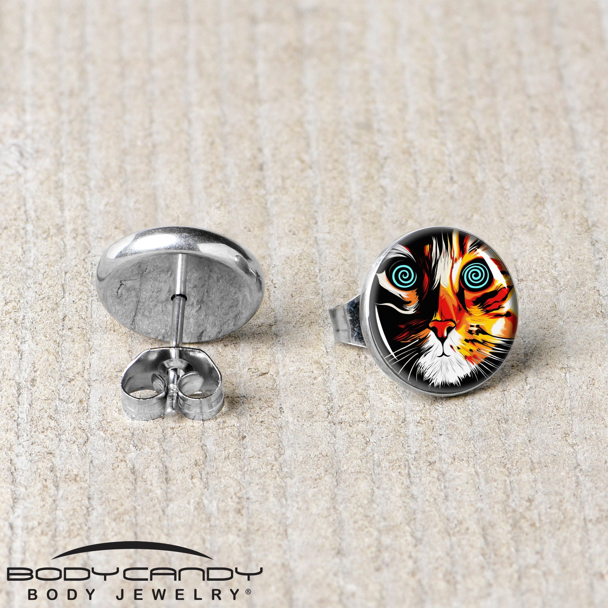BodyCandy Colorful Trippy Cat Stud Earrings by Onyx O — back view