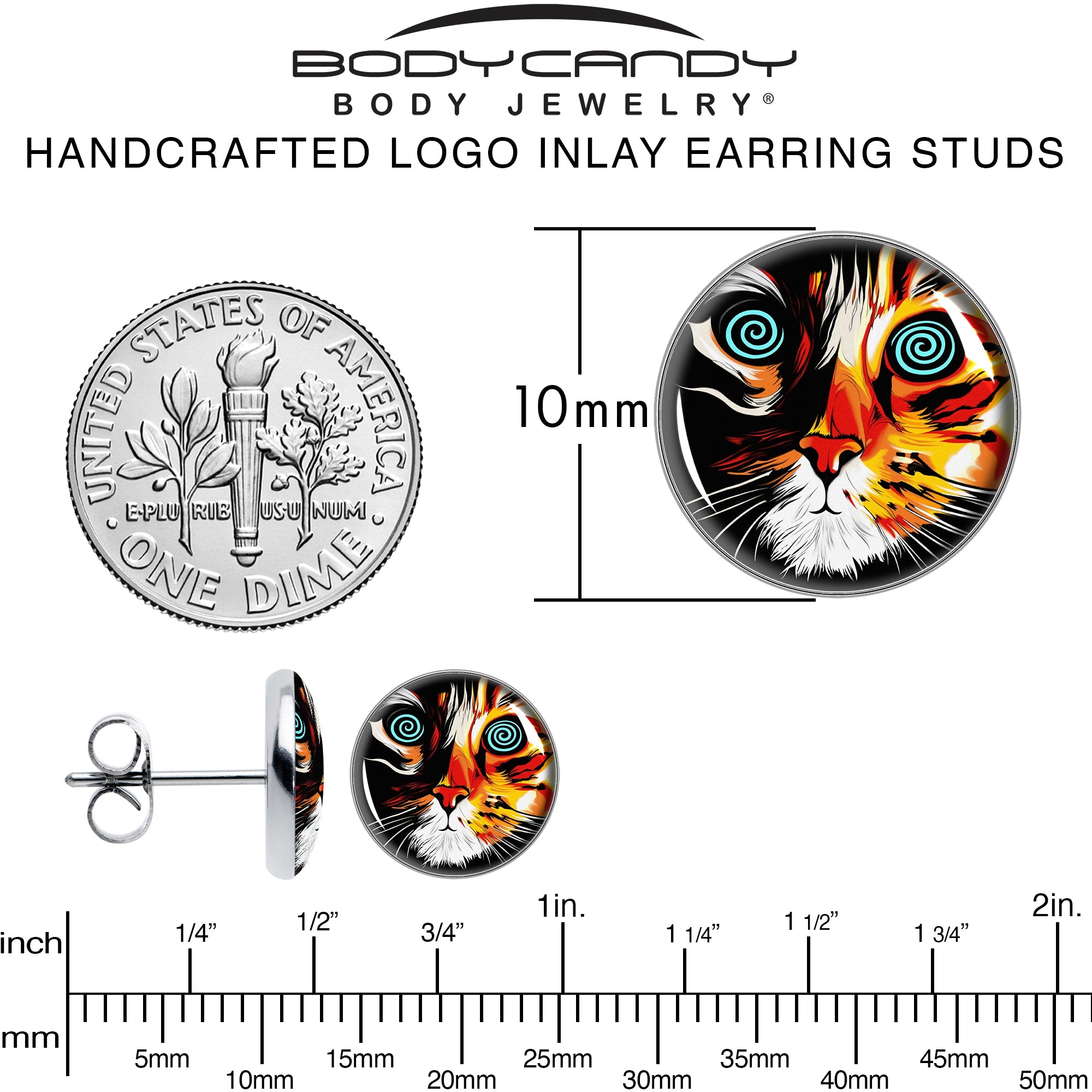 BodyCandy Colorful Trippy Cat Stud Earrings by Onyx O — alternative angle
