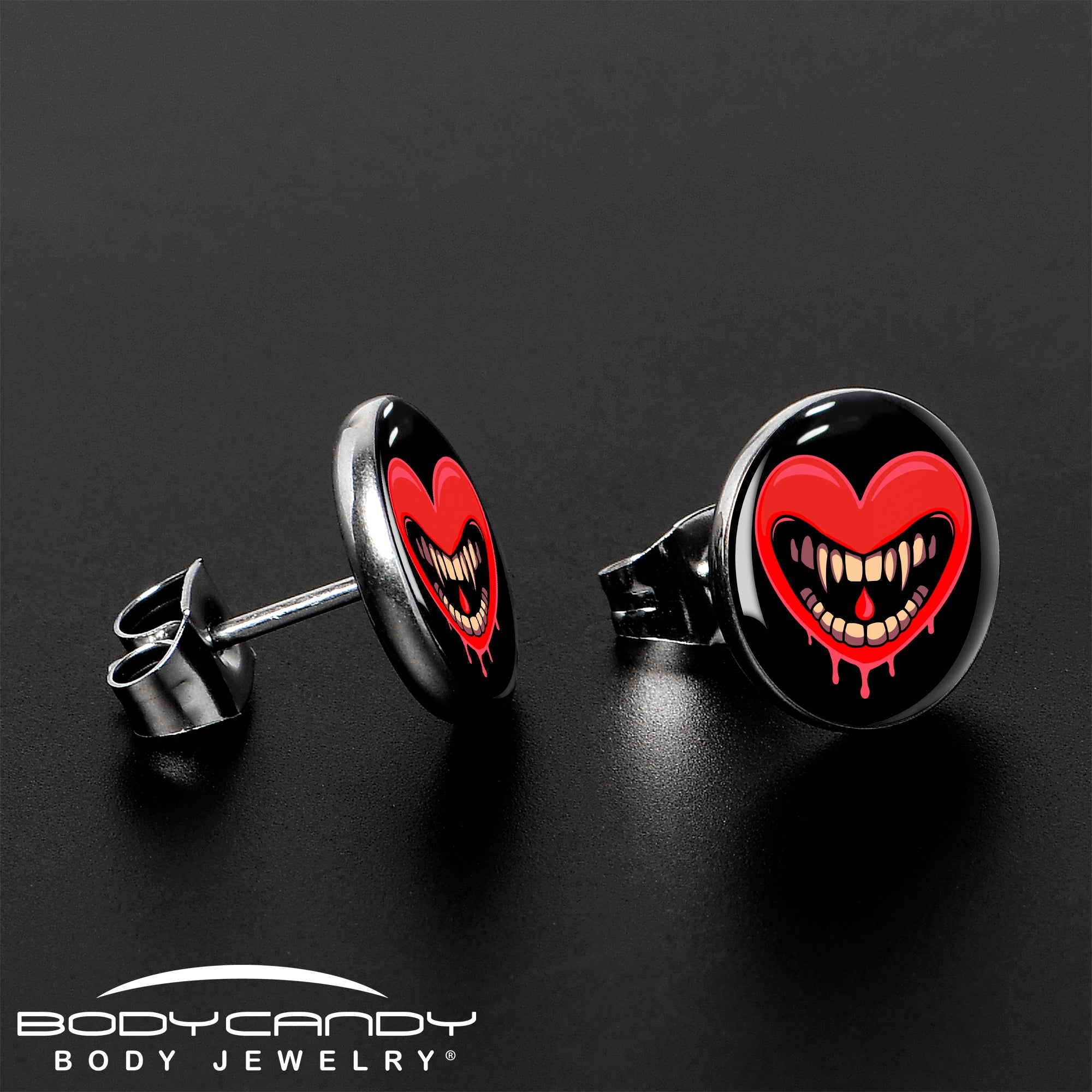 BodyCandy Valentine Heart Vampire Stud Earrings — lifestyle context