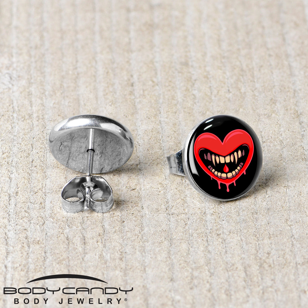 BodyCandy Valentine Heart Vampire Stud Earrings — back view