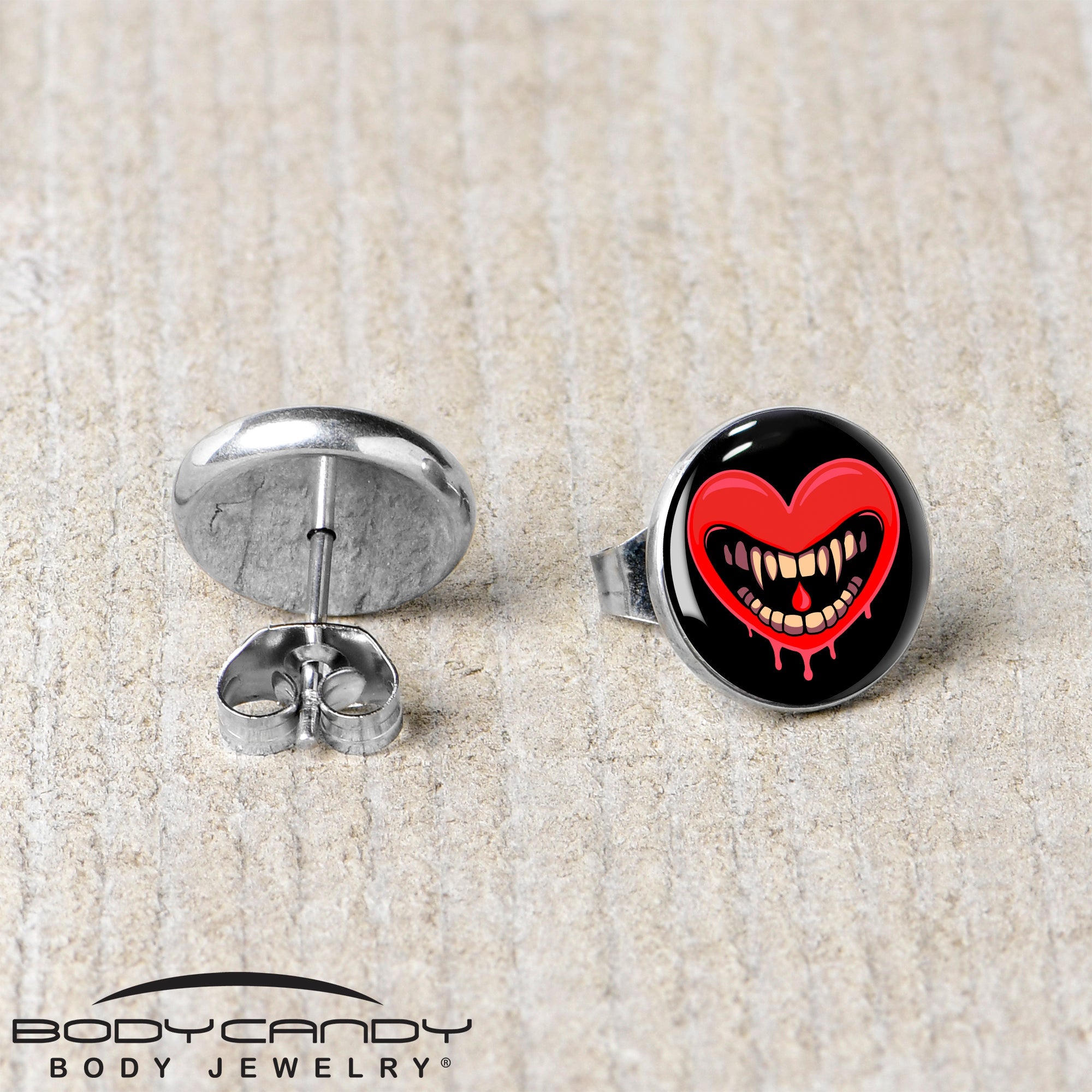 BodyCandy Valentine Heart Vampire Stud Earrings — back view