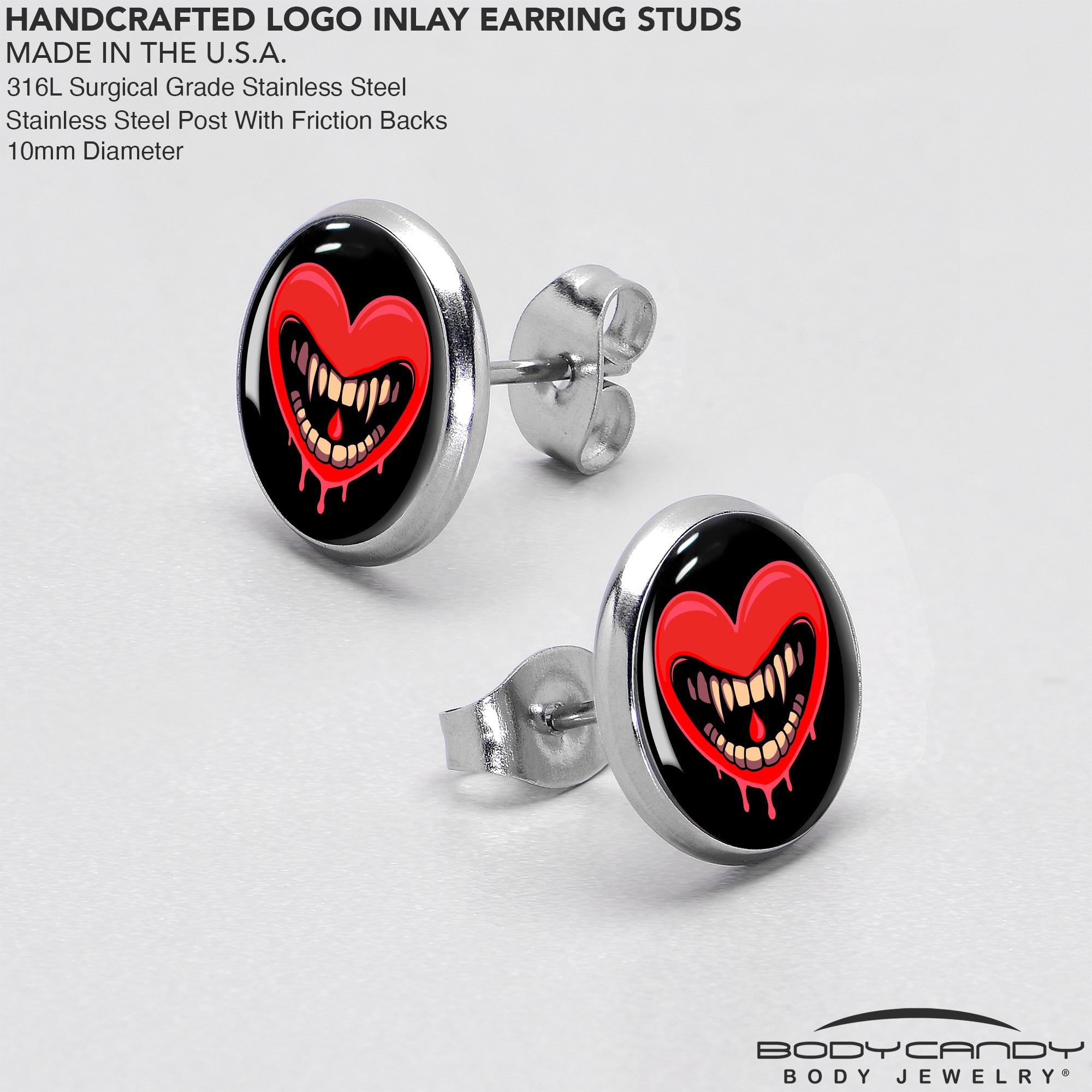 BodyCandy Valentine Heart Vampire Stud Earrings — in-use photo