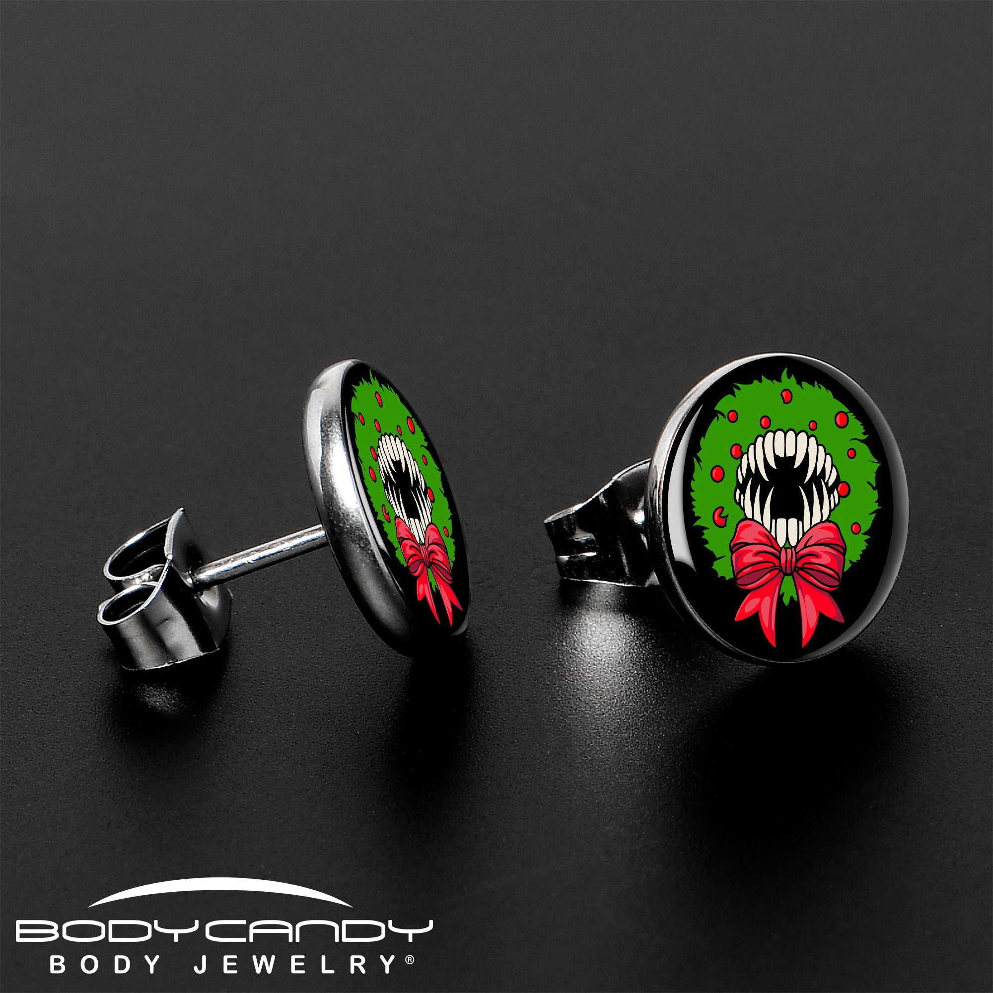 BodyCandy Holiday Vampire Wreath Stud Earrings by Onyx O — lifestyle context