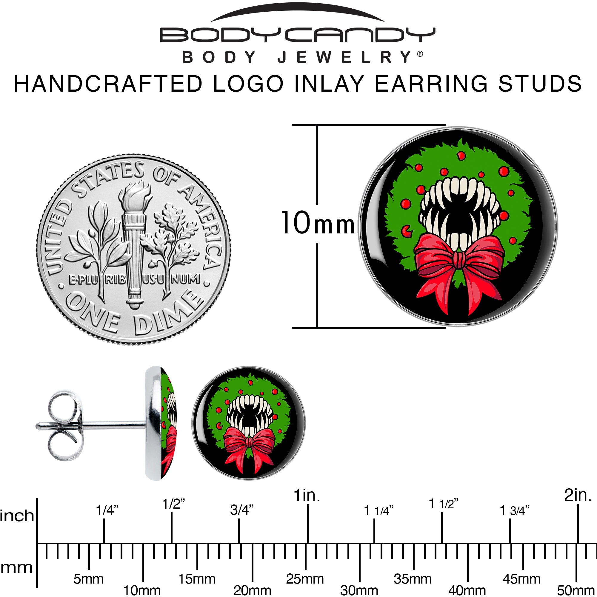BodyCandy Holiday Vampire Wreath Stud Earrings by Onyx O — back view