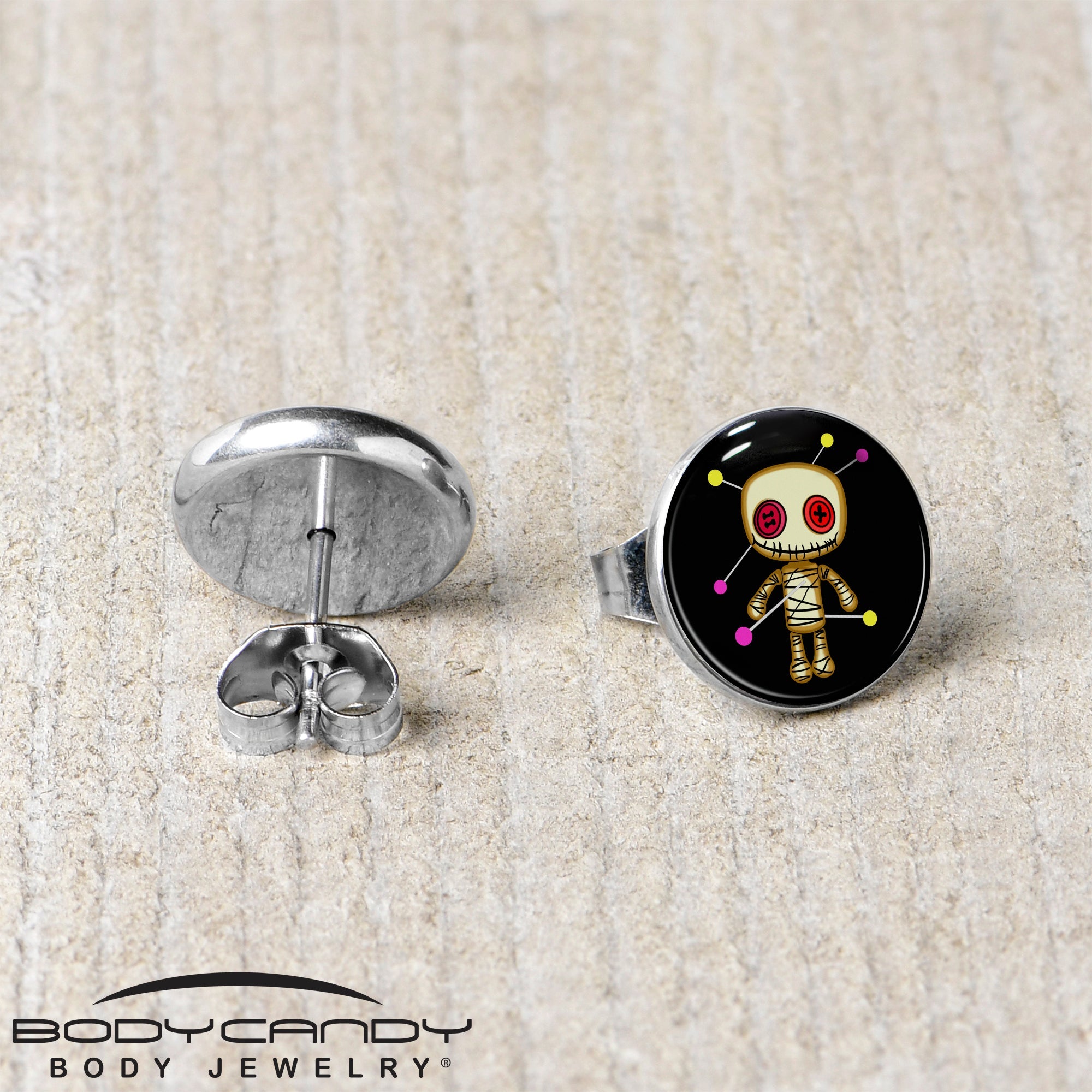 BodyCandy Voodoo Doll Stud Earrings by Onyx O — back view