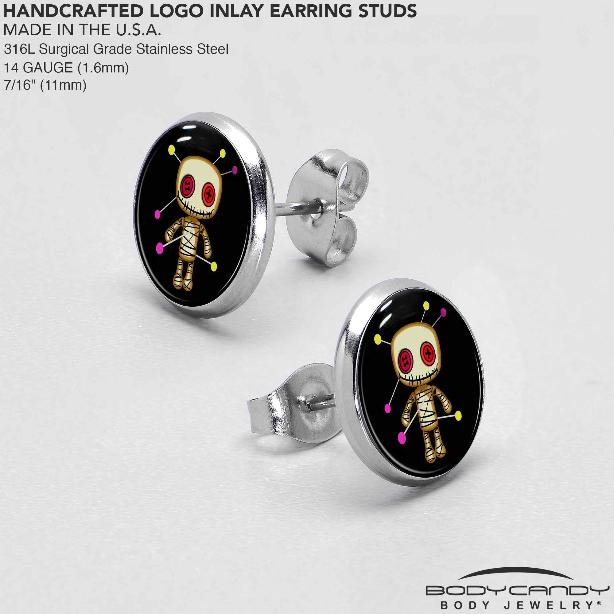 BodyCandy Voodoo Doll Stud Earrings by Onyx O — in-use photo