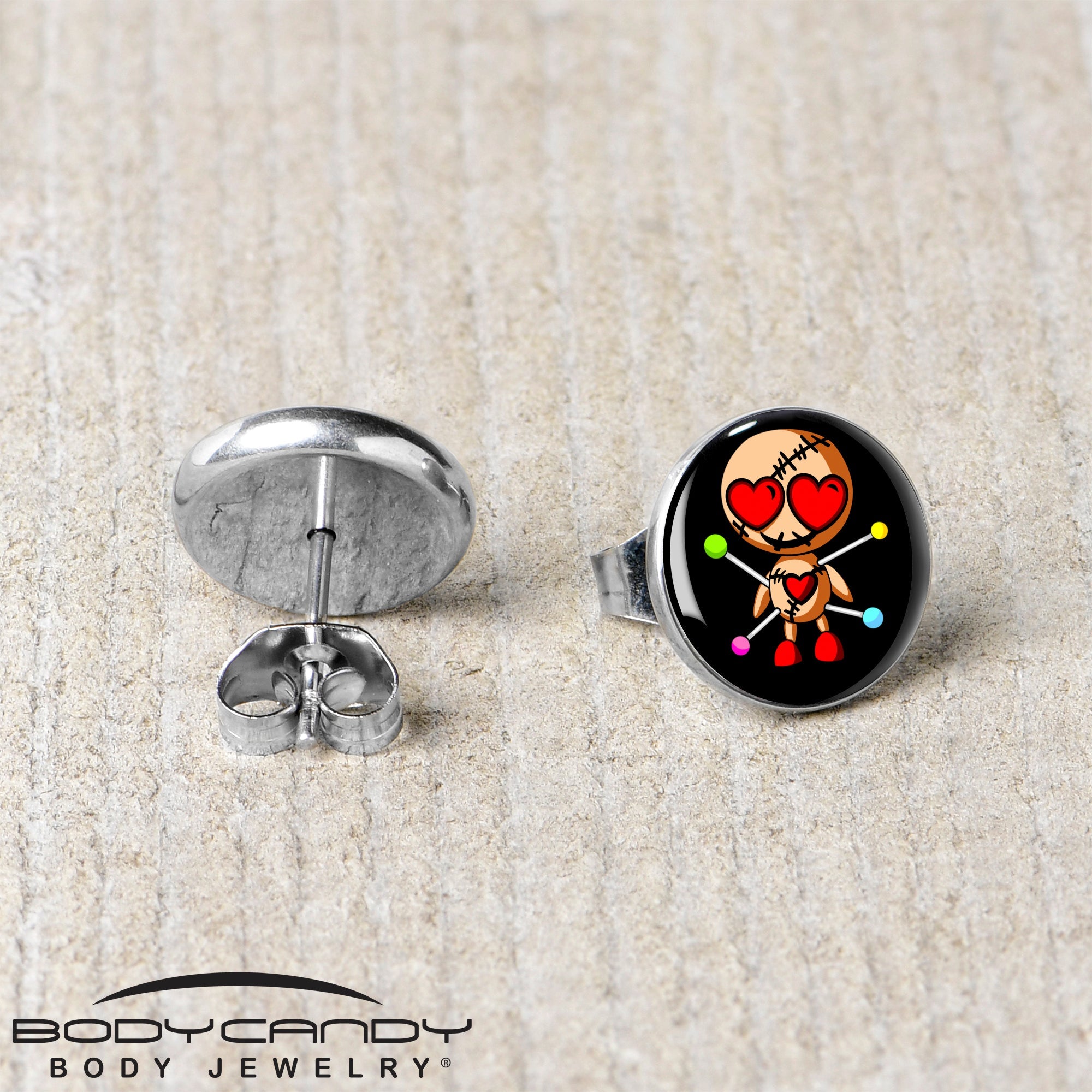 BodyCandy Valentine Heart Voodoo Doll Stud Earrings — back view