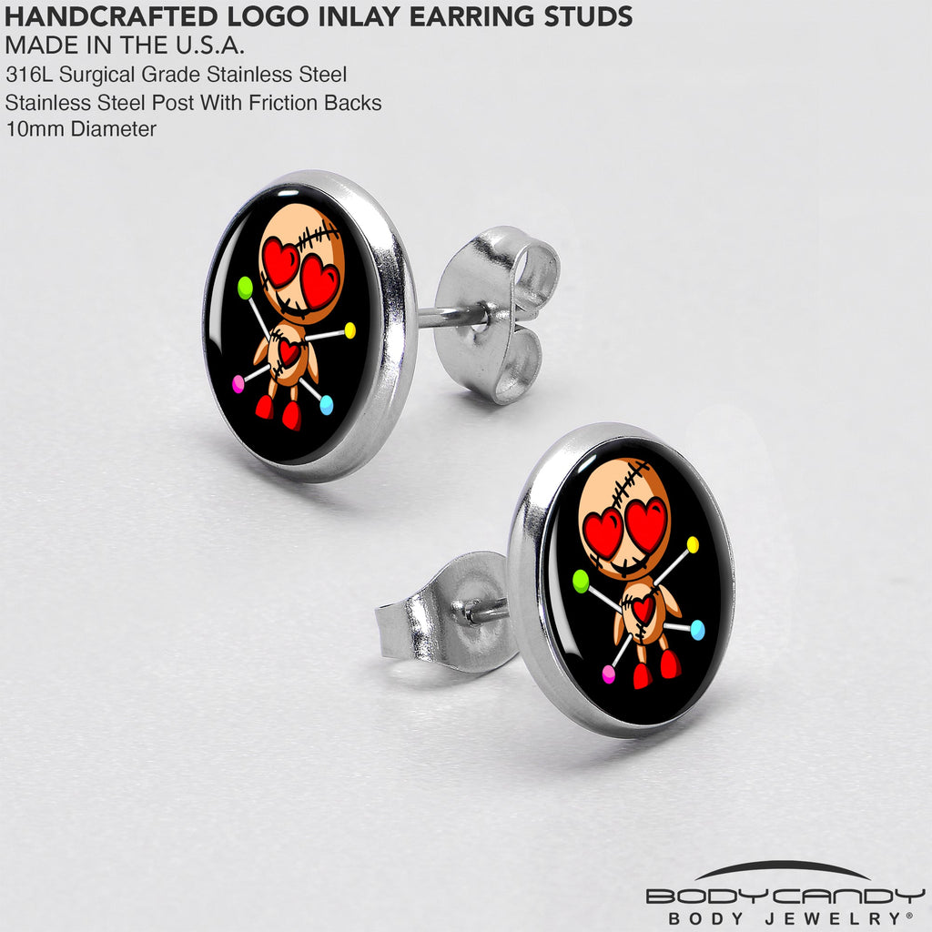 BodyCandy Valentine Heart Voodoo Doll Stud Earrings — in-use photo