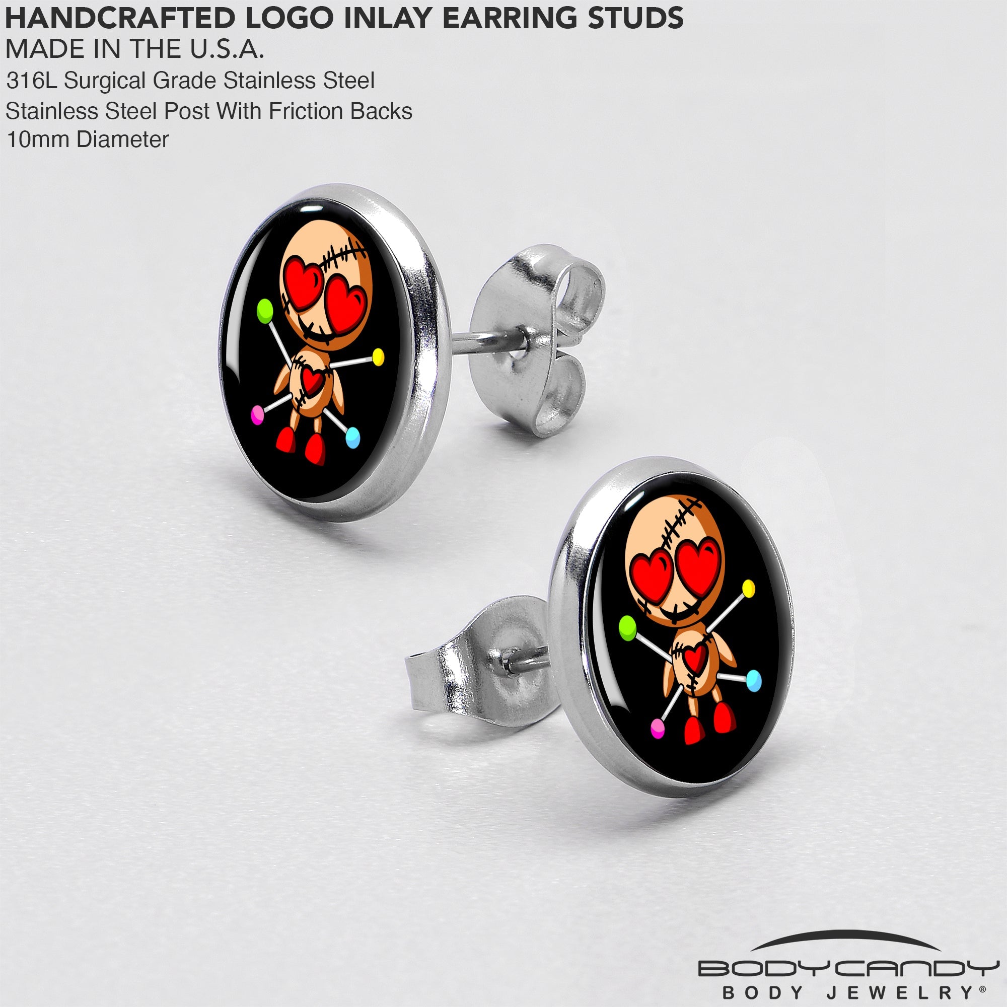 BodyCandy Valentine Heart Voodoo Doll Stud Earrings — in-use photo