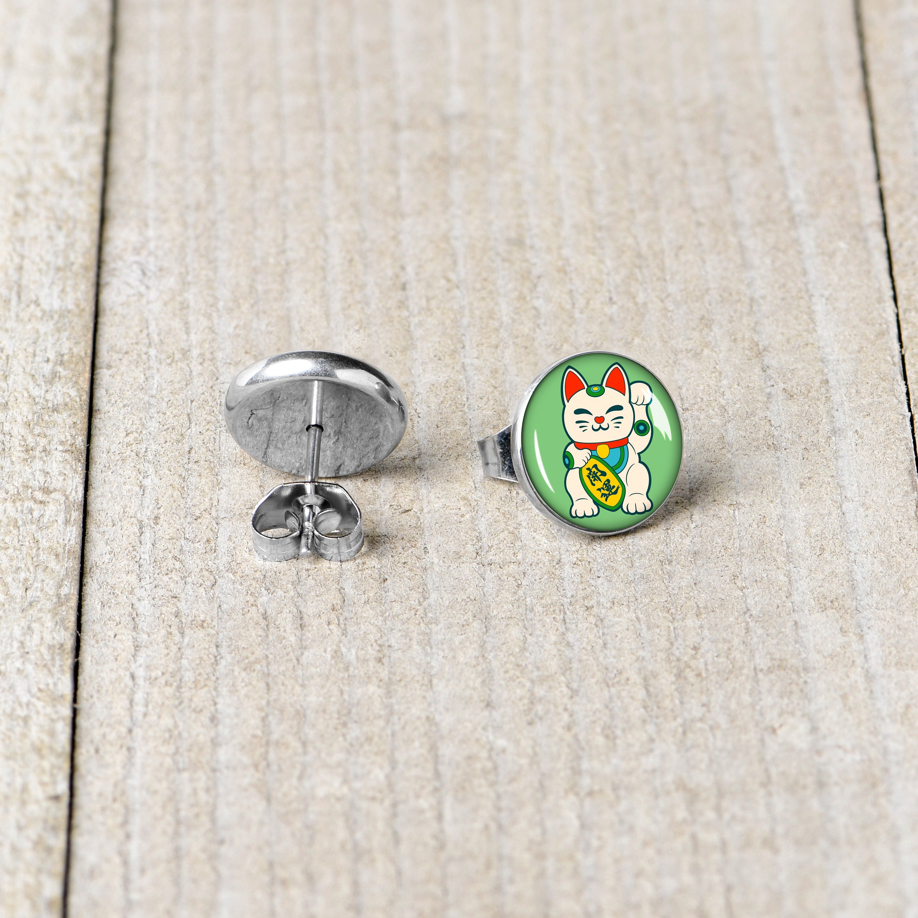 BodyCandy Waving Cat Stud Earrings by Onyx O — back view