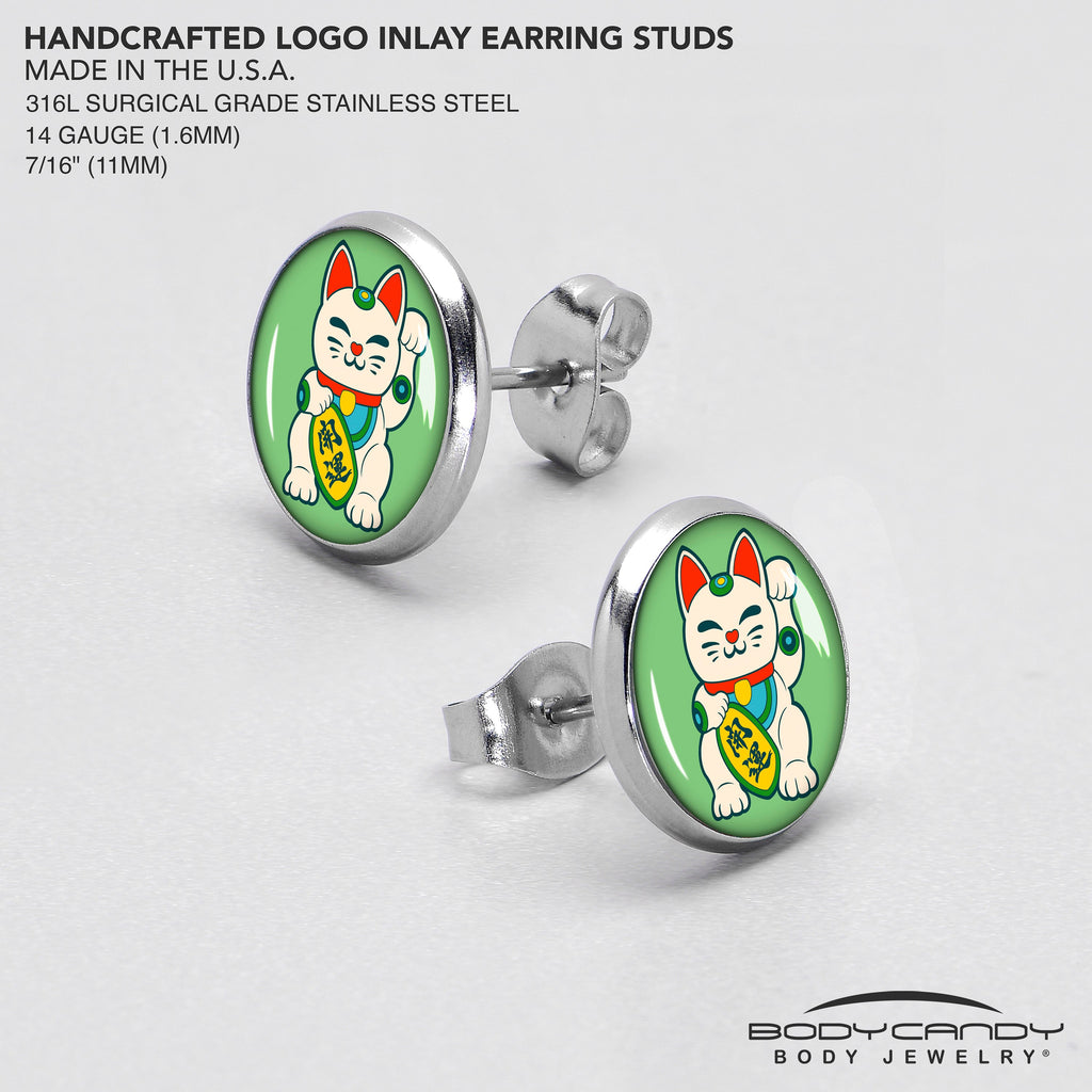 BodyCandy Waving Cat Stud Earrings by Onyx O — in-use photo