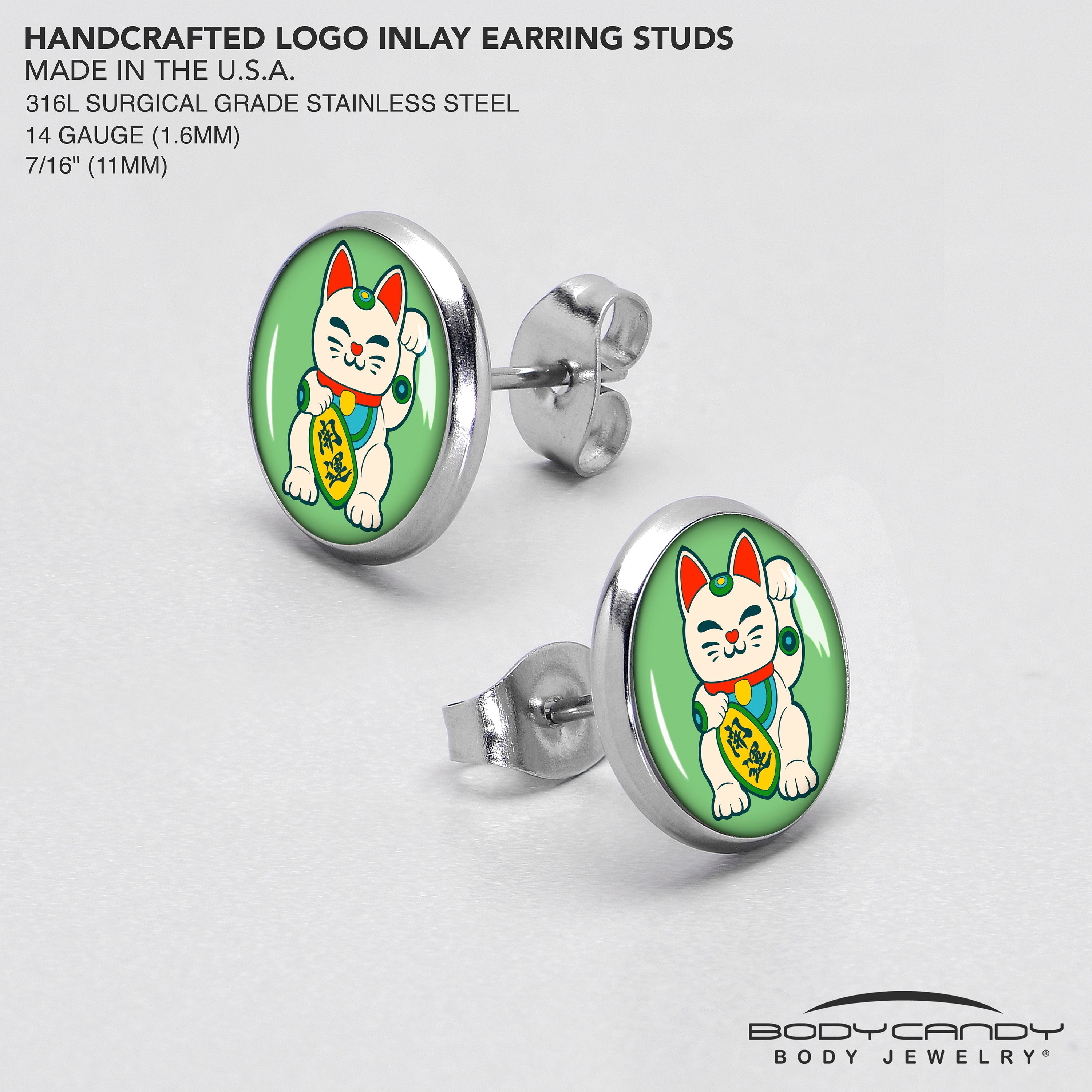 BodyCandy Waving Cat Stud Earrings by Onyx O — in-use photo