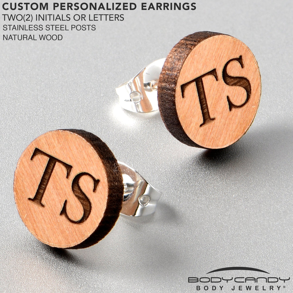 BodyCandy Custom No 1 Earrings Wood Initial Personalized Stud Earrings — lifestyle context