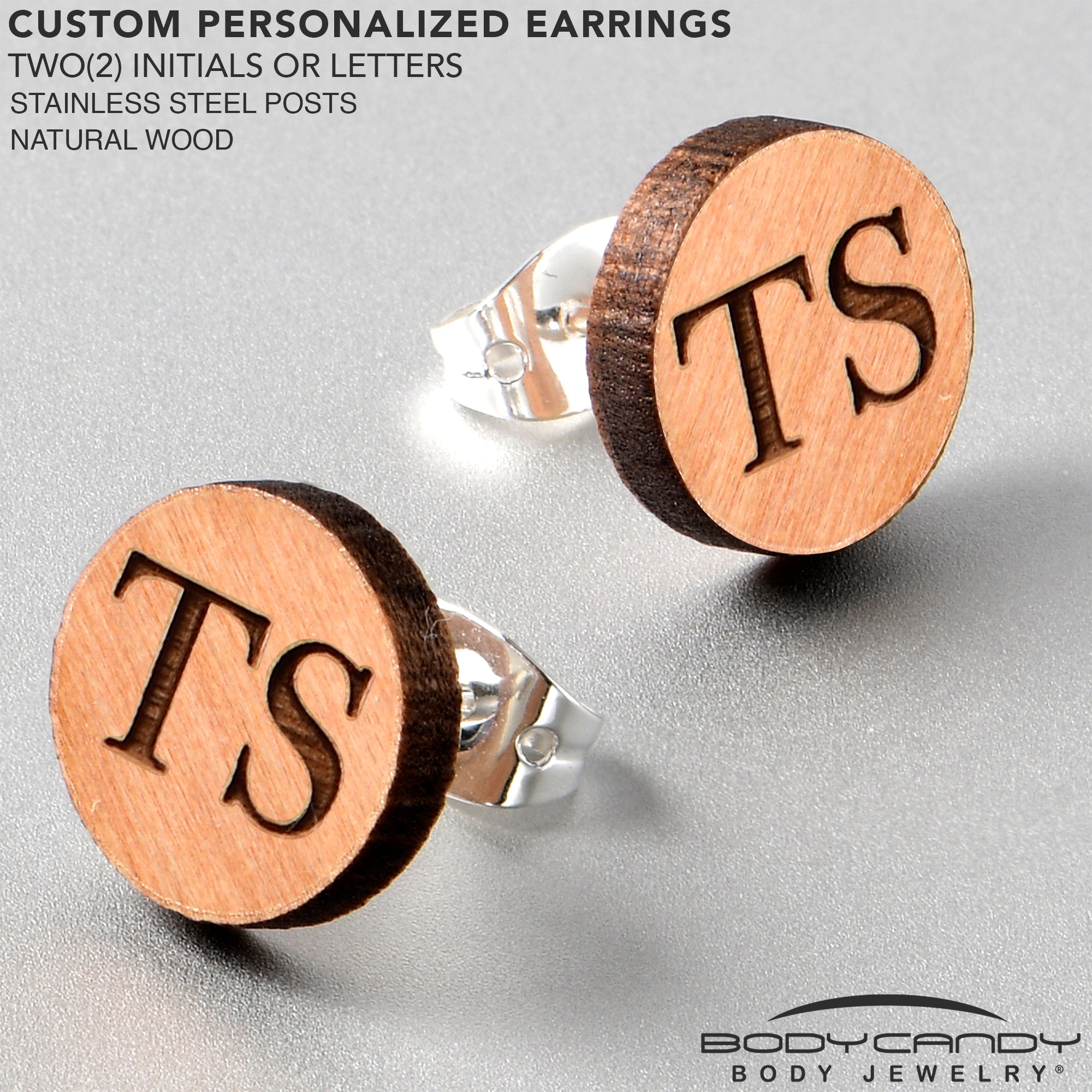BodyCandy Custom No 1 Earrings Wood Initial Personalized Stud Earrings — lifestyle context