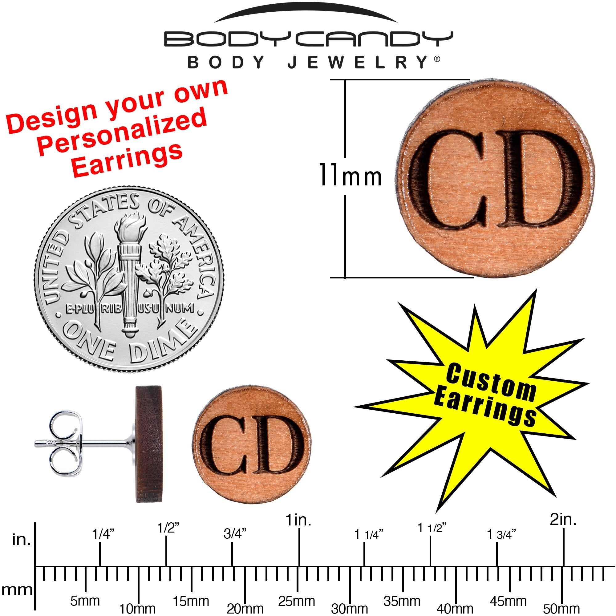 BodyCandy Custom No 1 Earrings Wood Initial Personalized Stud Earrings — back view