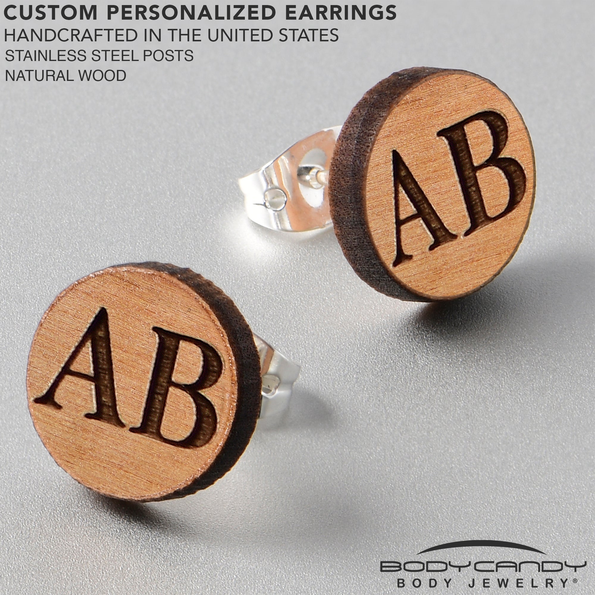 BodyCandy Custom No 1 Earrings Wood Initial Personalized Stud Earrings — size reference